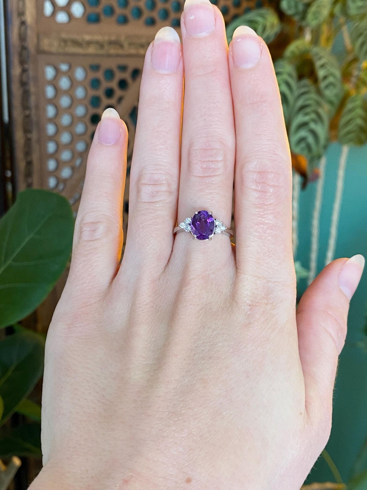 Vintage Solid 14k White Gold Diamond Amethyst Ring - Size 6.25