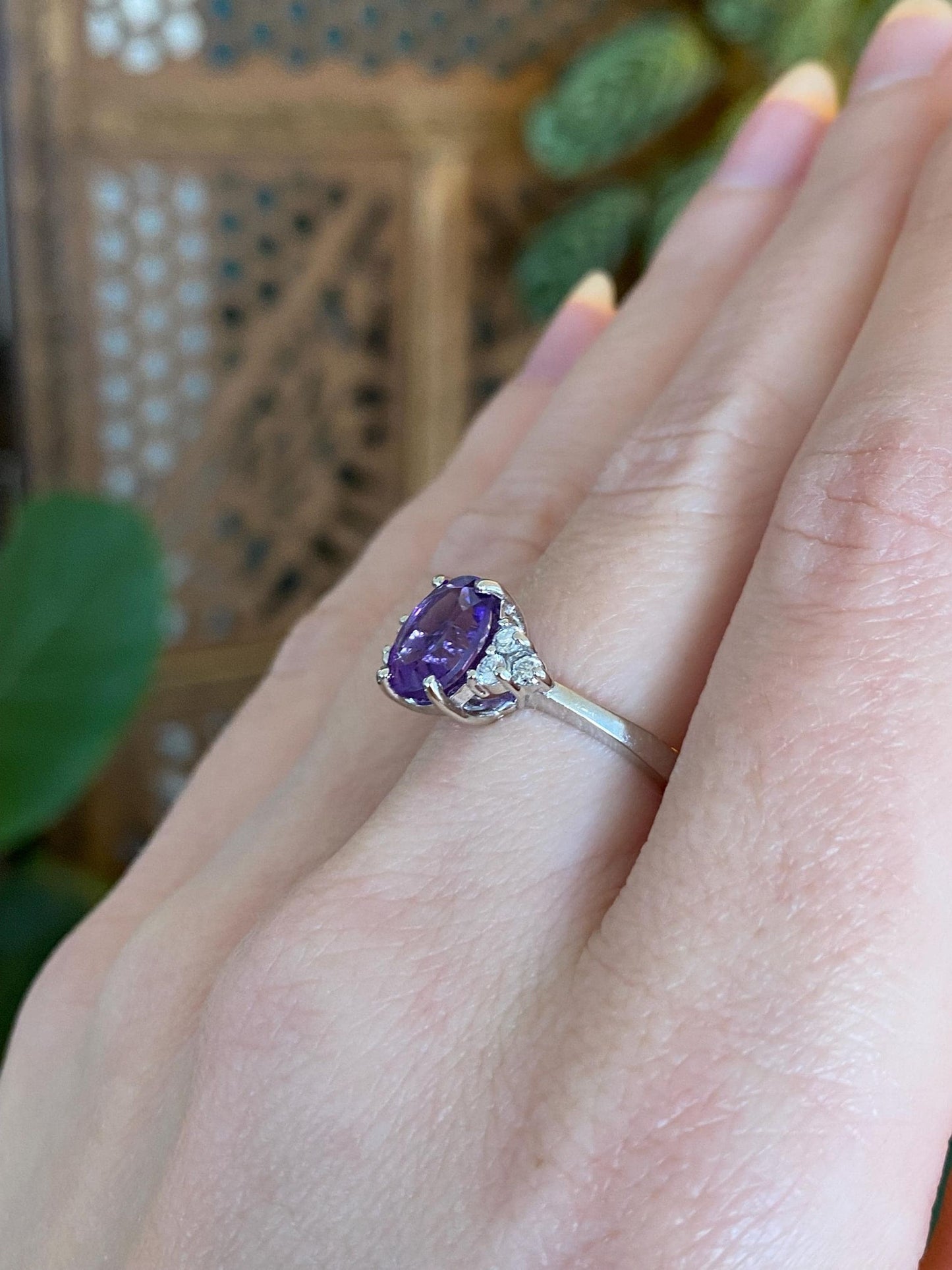 Vintage Solid 14k White Gold Diamond Amethyst Ring - Size 6.25