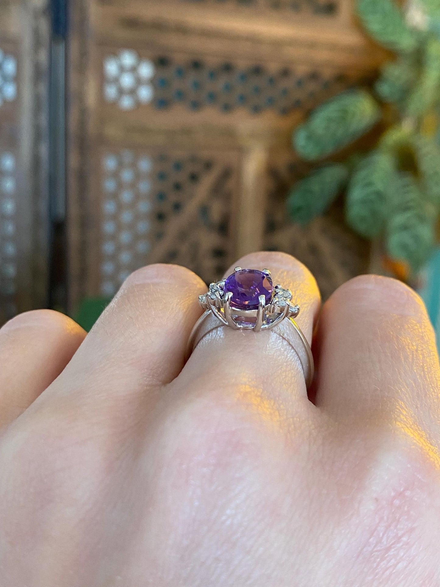 Vintage Solid 14k White Gold Diamond Amethyst Ring - Size 6.25
