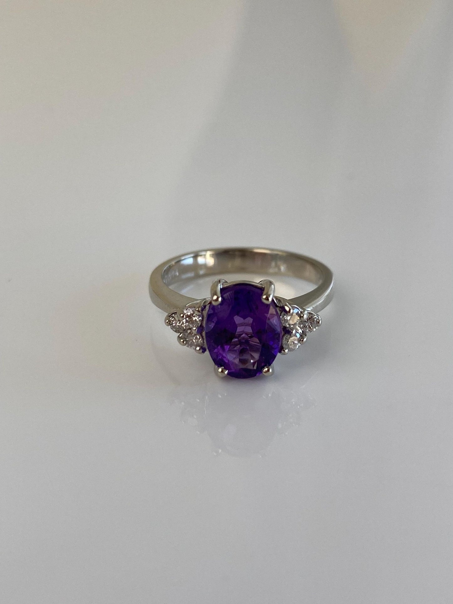 Vintage Solid 14k White Gold Diamond Amethyst Ring - Size 6.25