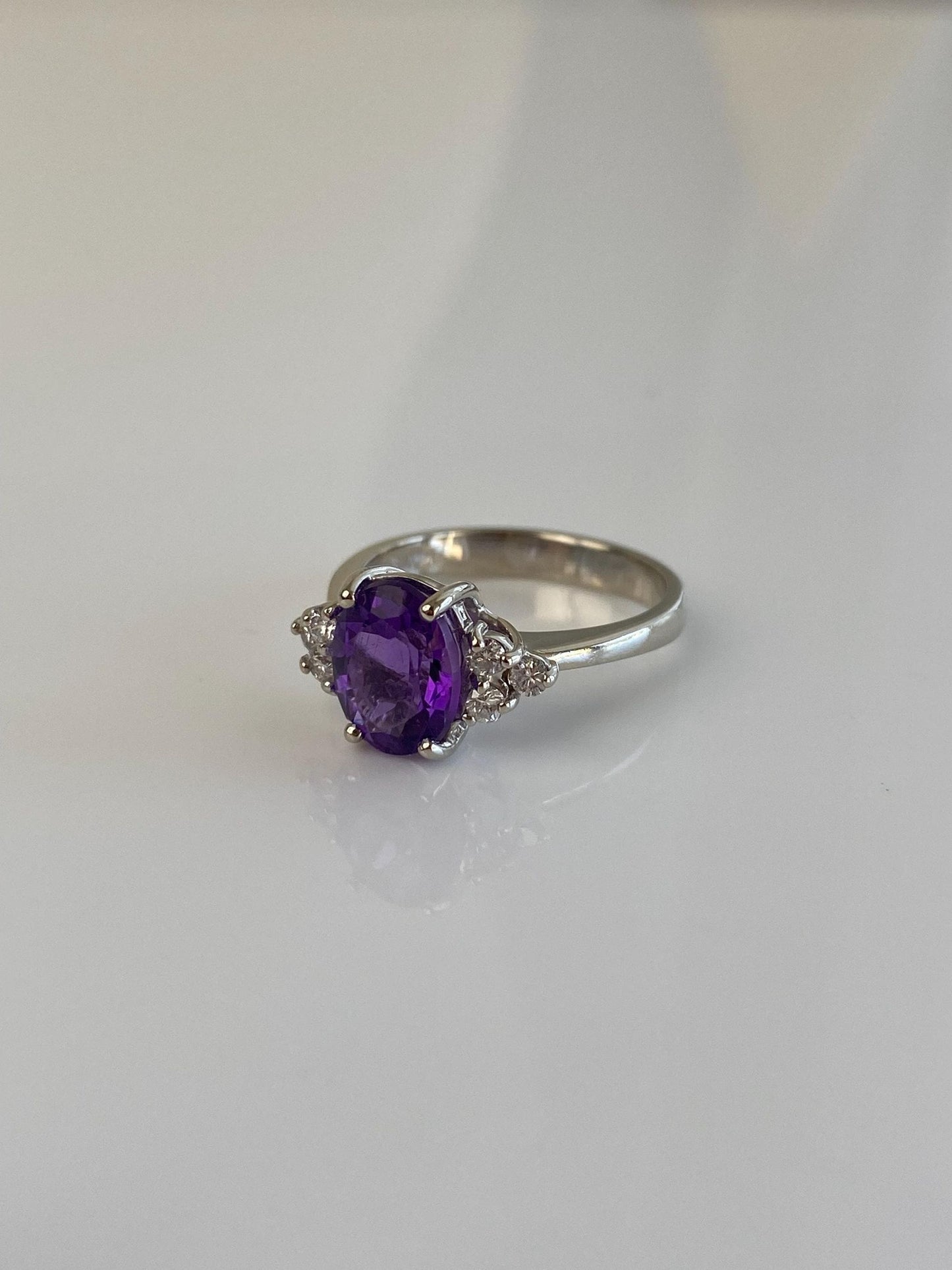 Vintage Solid 14k White Gold Diamond Amethyst Ring - Size 6.25