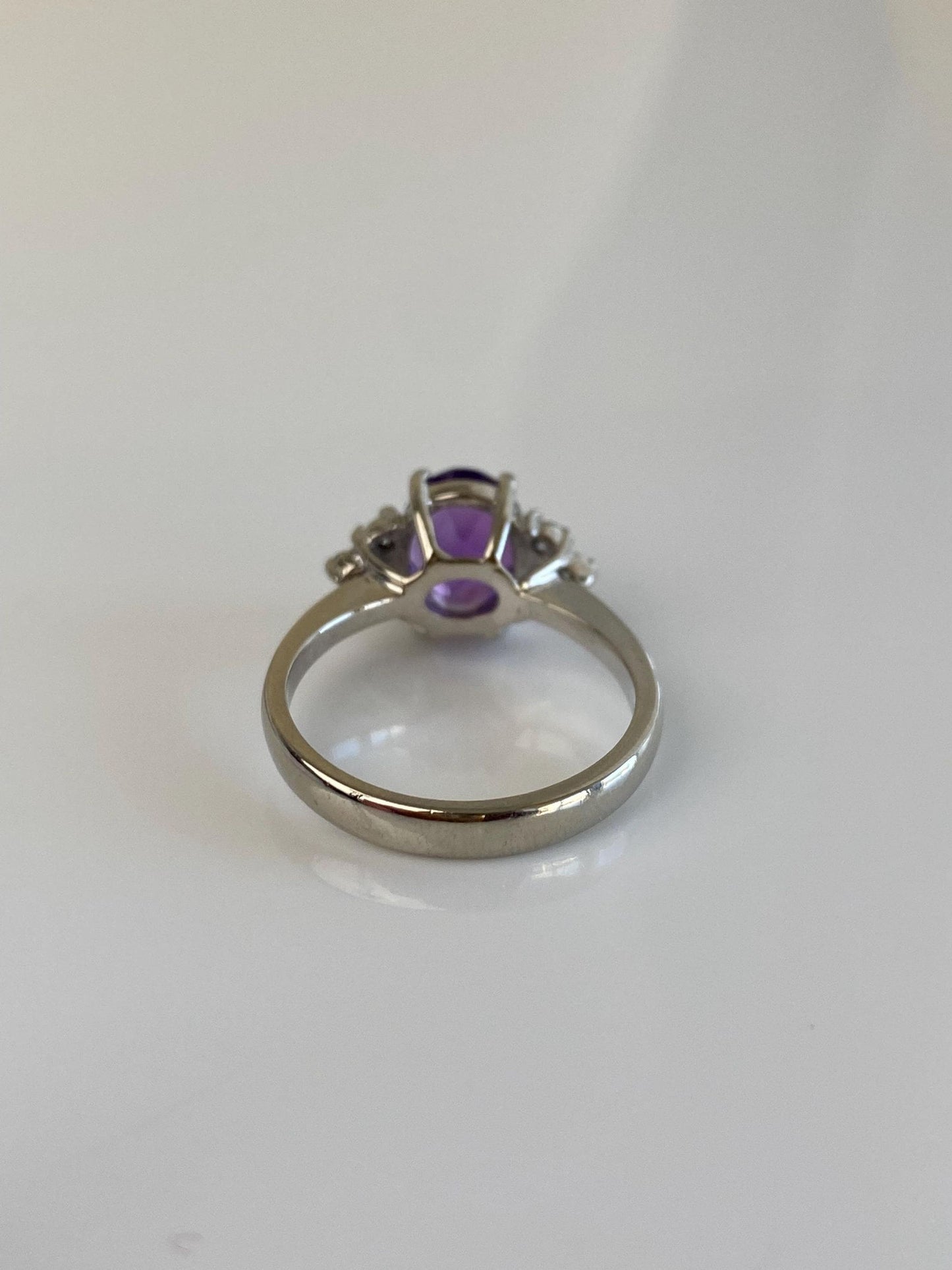 Vintage Solid 14k White Gold Diamond Amethyst Ring - Size 6.25
