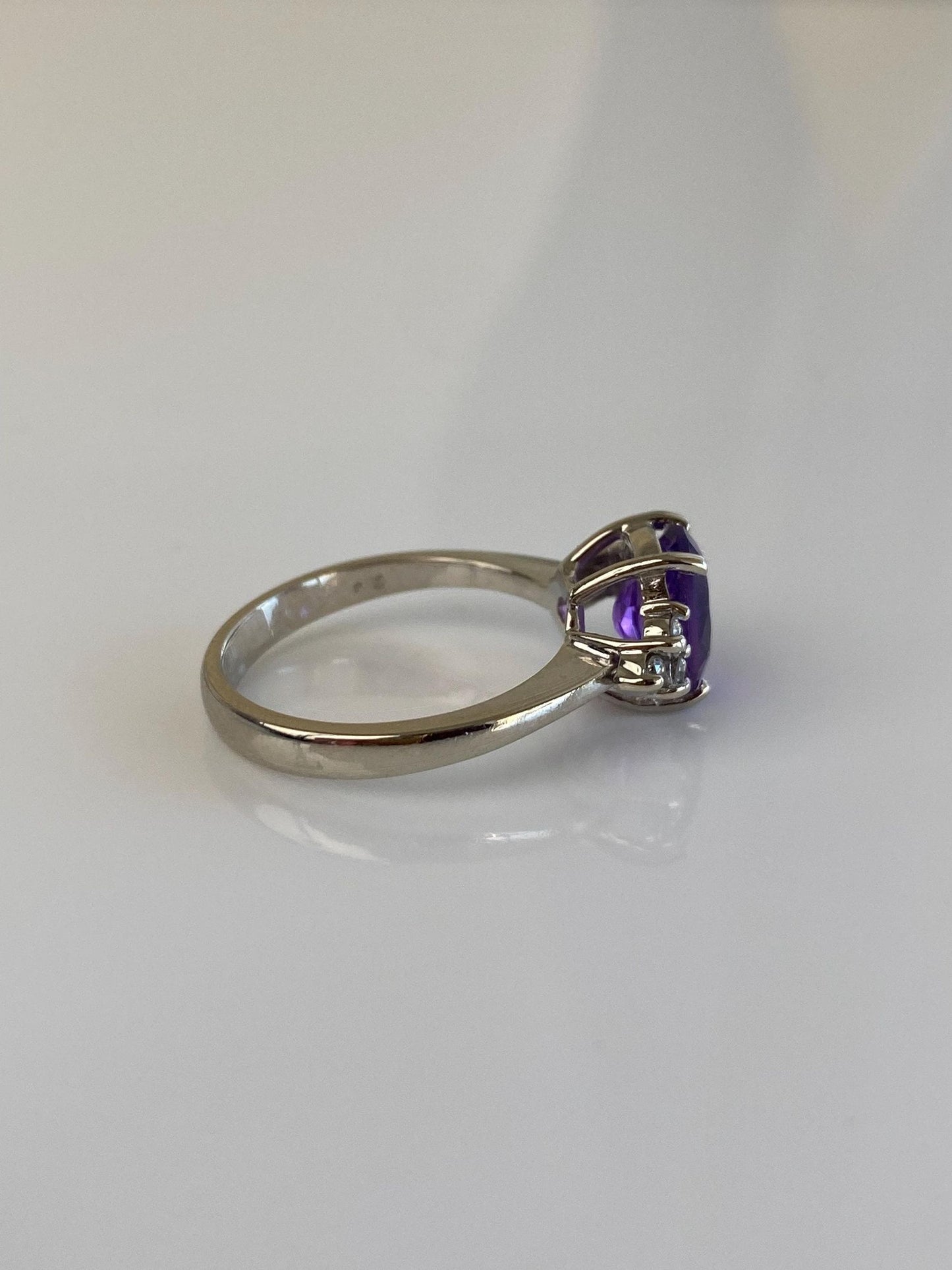 Vintage Solid 14k White Gold Diamond Amethyst Ring - Size 6.25