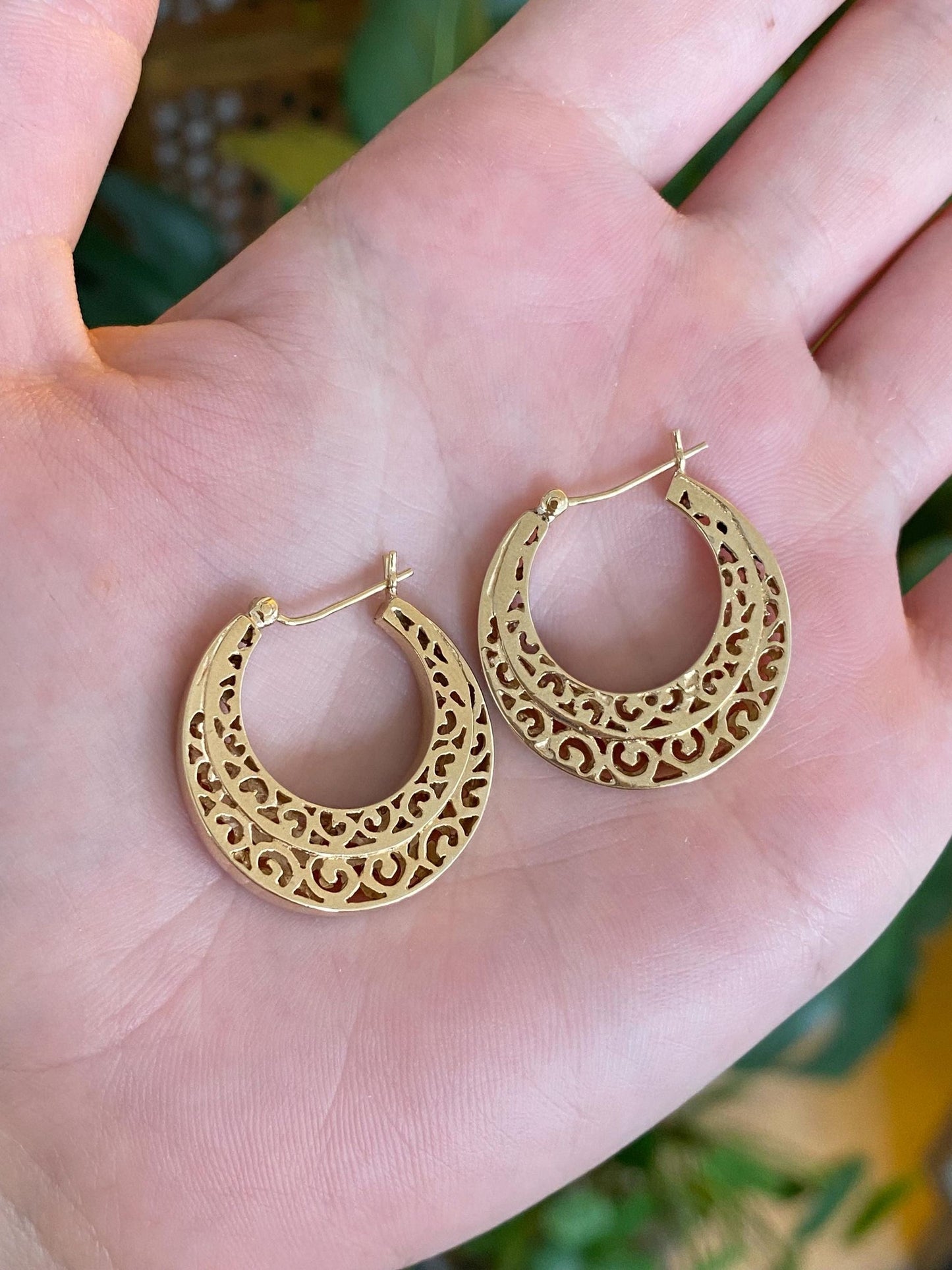 Vintage Solid 14k Yellow Gold Open Work Hoop Earrings