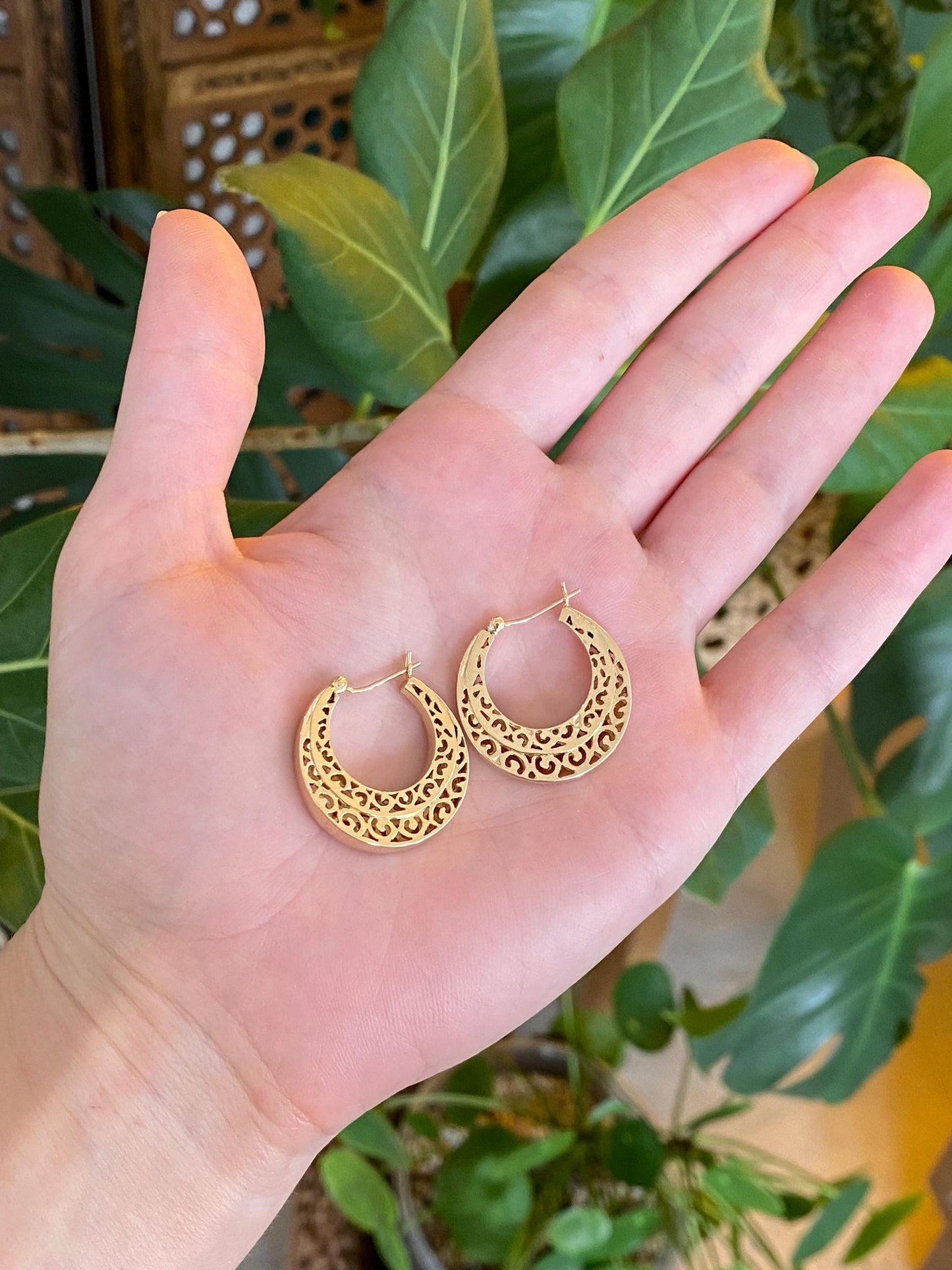 Vintage Solid 14k Yellow Gold Open Work Hoop Earrings