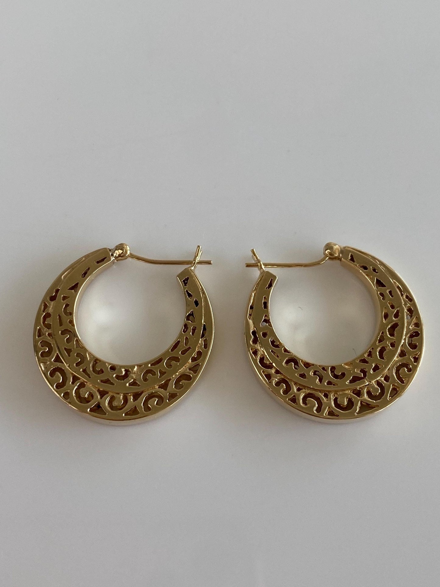 Vintage Solid 14k Yellow Gold Open Work Hoop Earrings