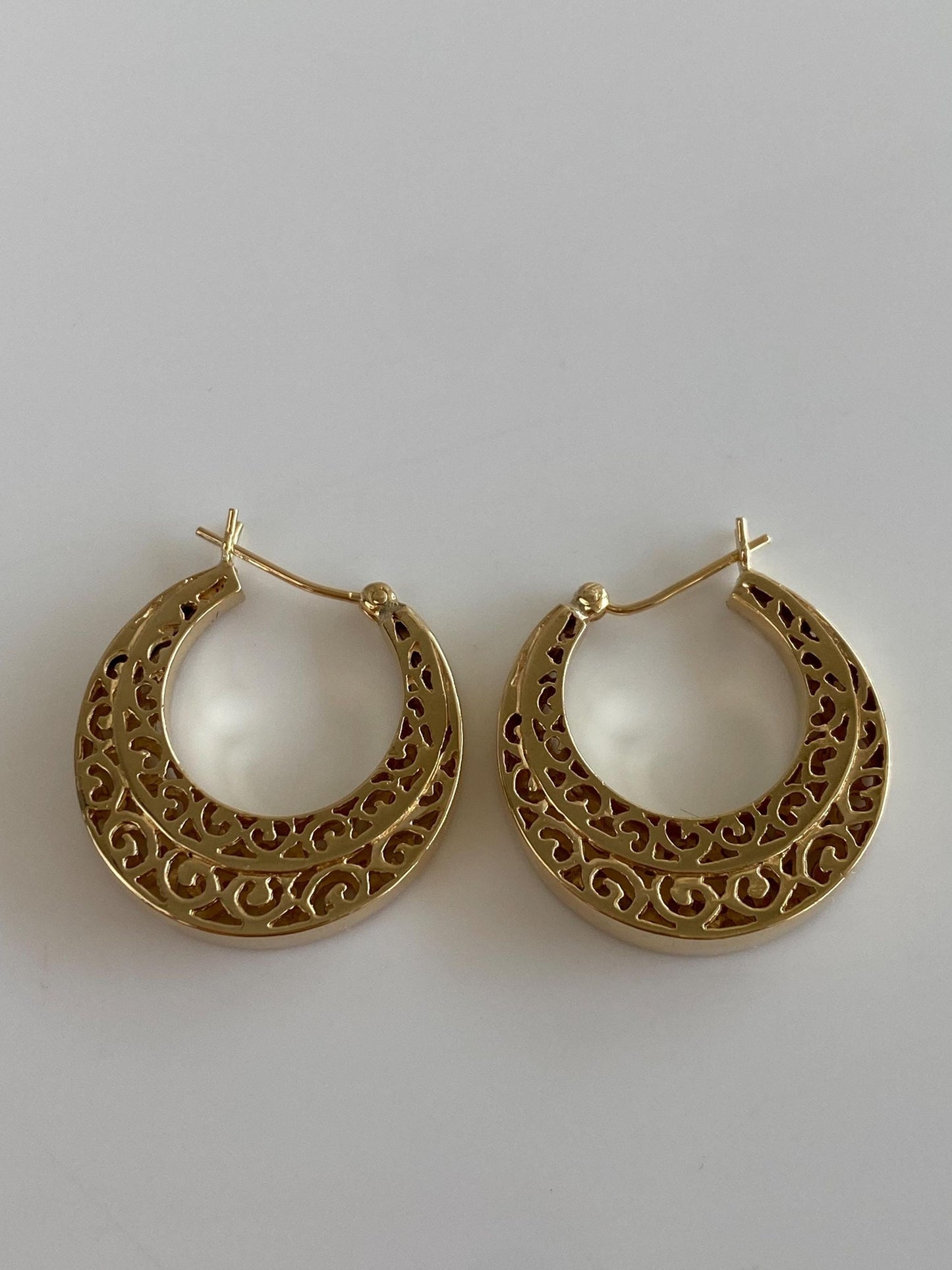 Vintage Solid 14k Yellow Gold Open Work Hoop Earrings