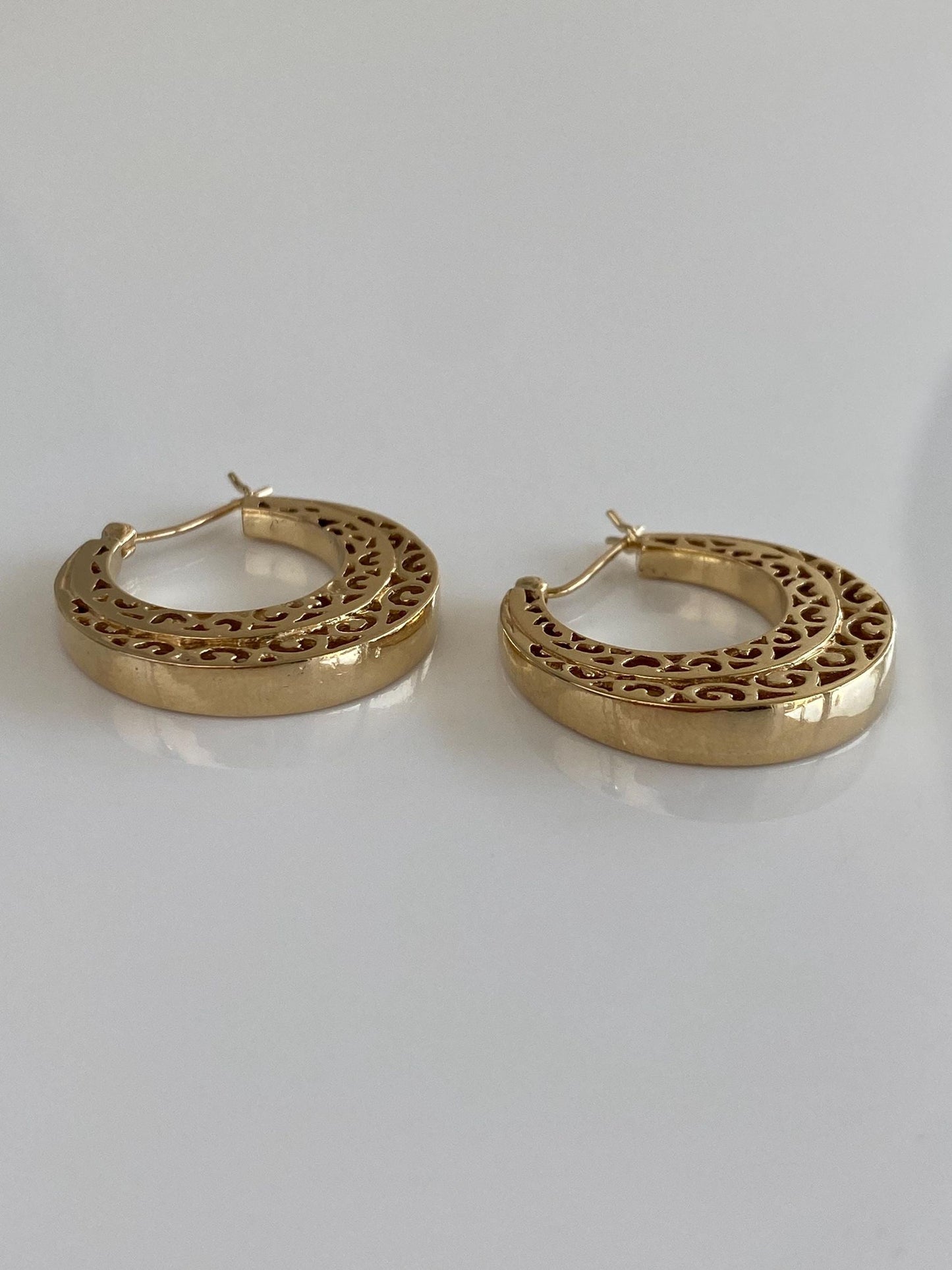 Vintage Solid 14k Yellow Gold Open Work Hoop Earrings