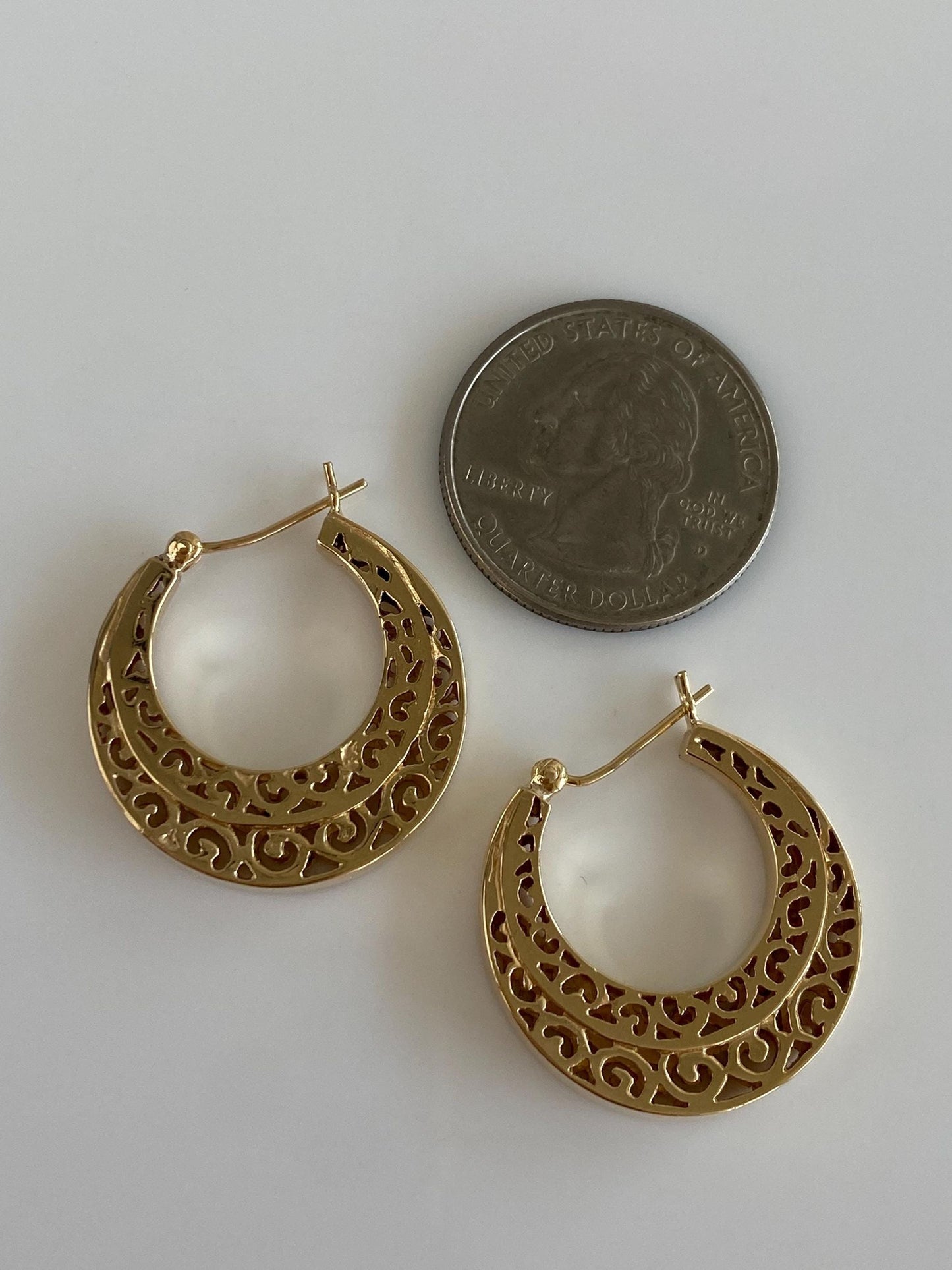 Vintage Solid 14k Yellow Gold Open Work Hoop Earrings