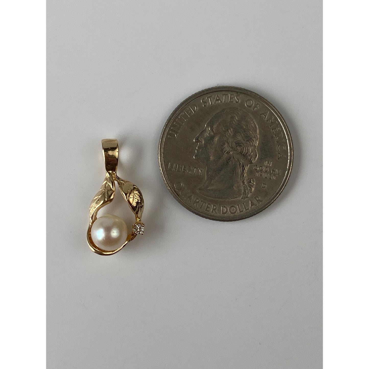 Solid 14k Yellow Gold Pearl Cubic Zirconia Leaf Charm