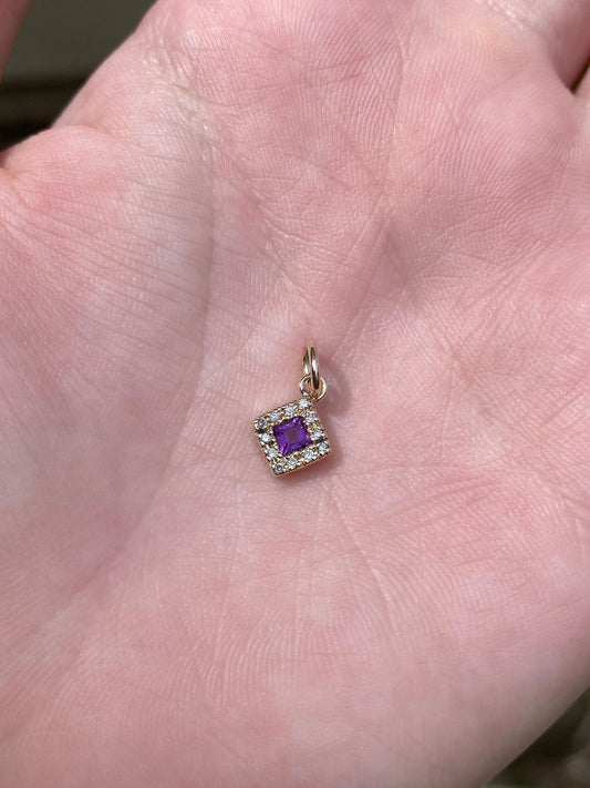 Vintage Solid 14k Yellow Gold Little Amethyst & Diamond Charm