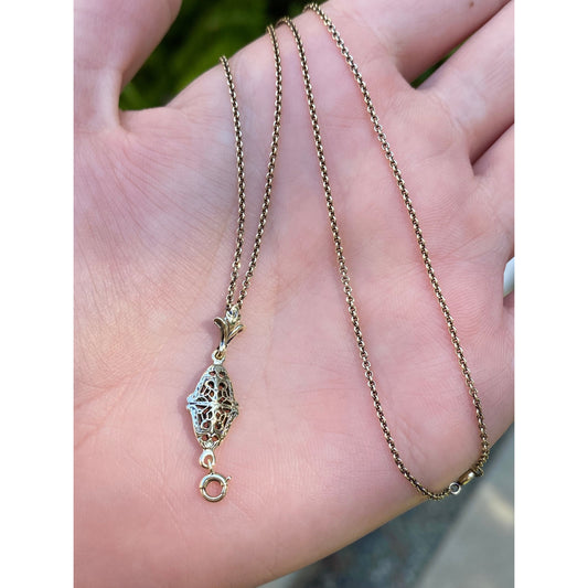 Vintage Solid 14k Yellow Gold Filigree Charm Holder Cable Chain Necklace - 15.25 inches