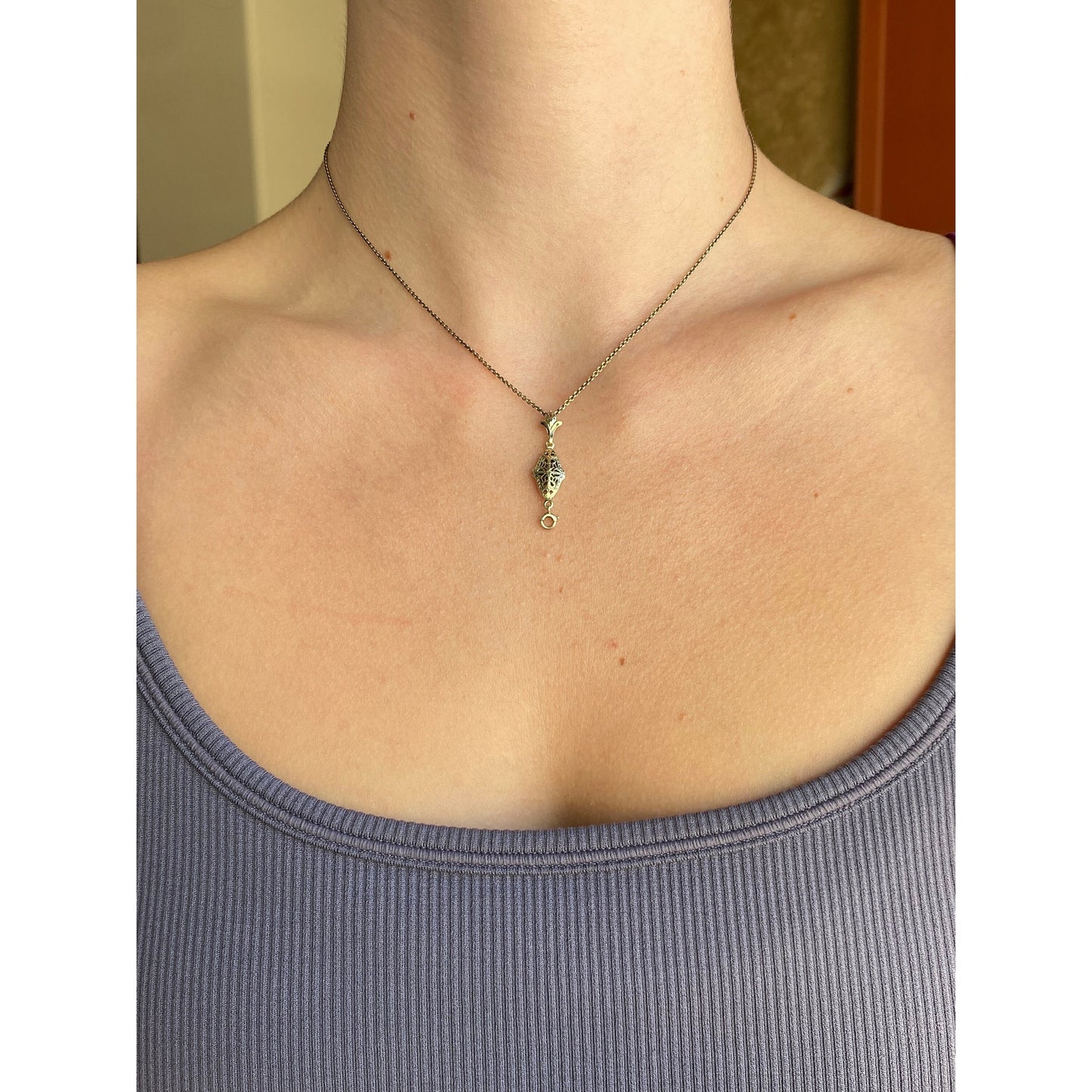 Vintage Solid 14k Yellow Gold Filigree Charm Holder Cable Chain Necklace - 15.25 inches