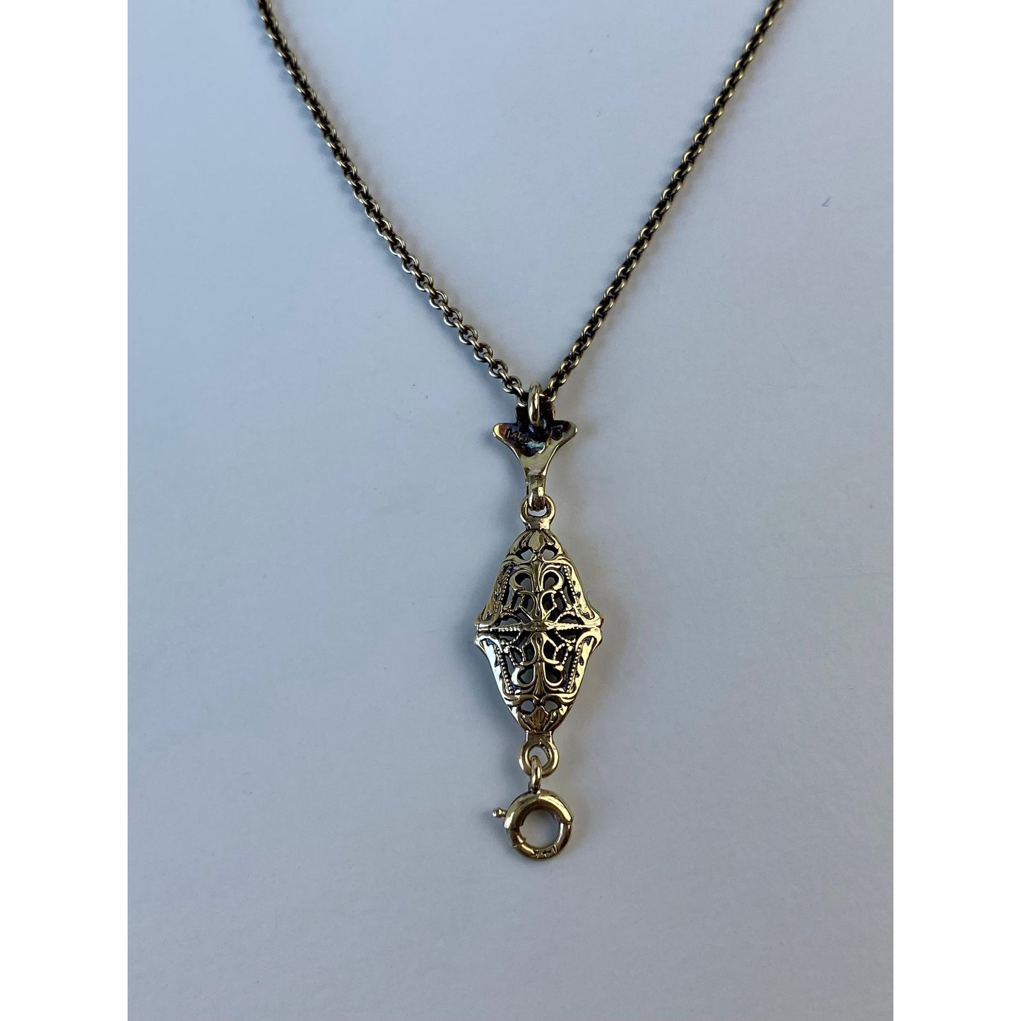 Vintage Solid 14k Yellow Gold Filigree Charm Holder Cable Chain Necklace - 15.25 inches