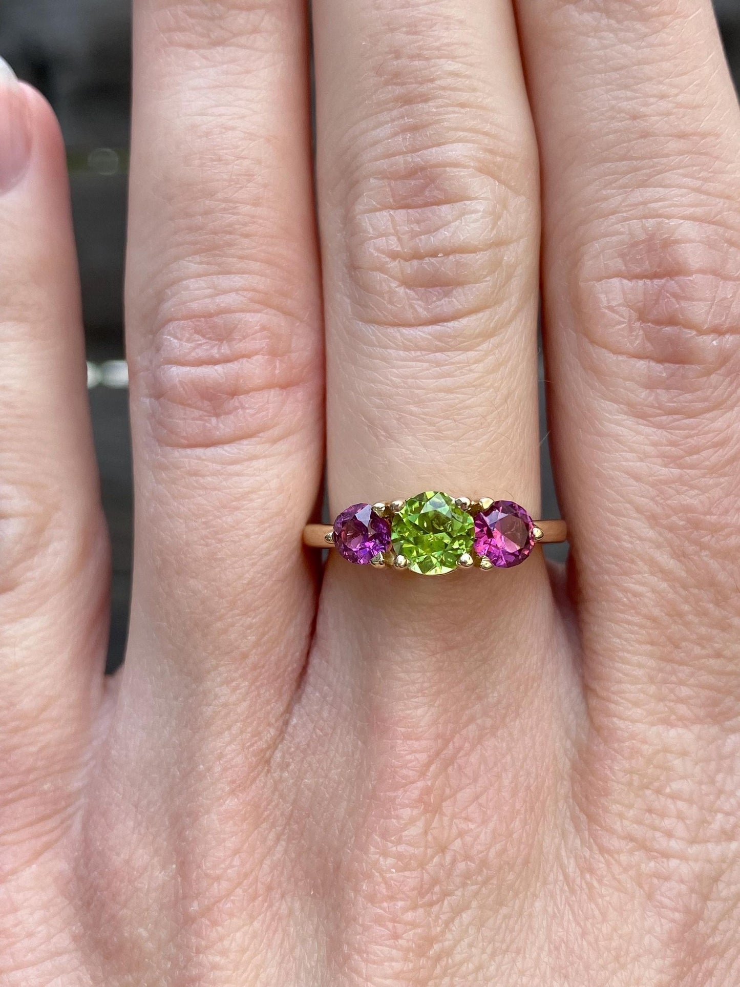Solid 14k Yellow Gold Peridot Pink Tourmaline Ring - Size 6.25