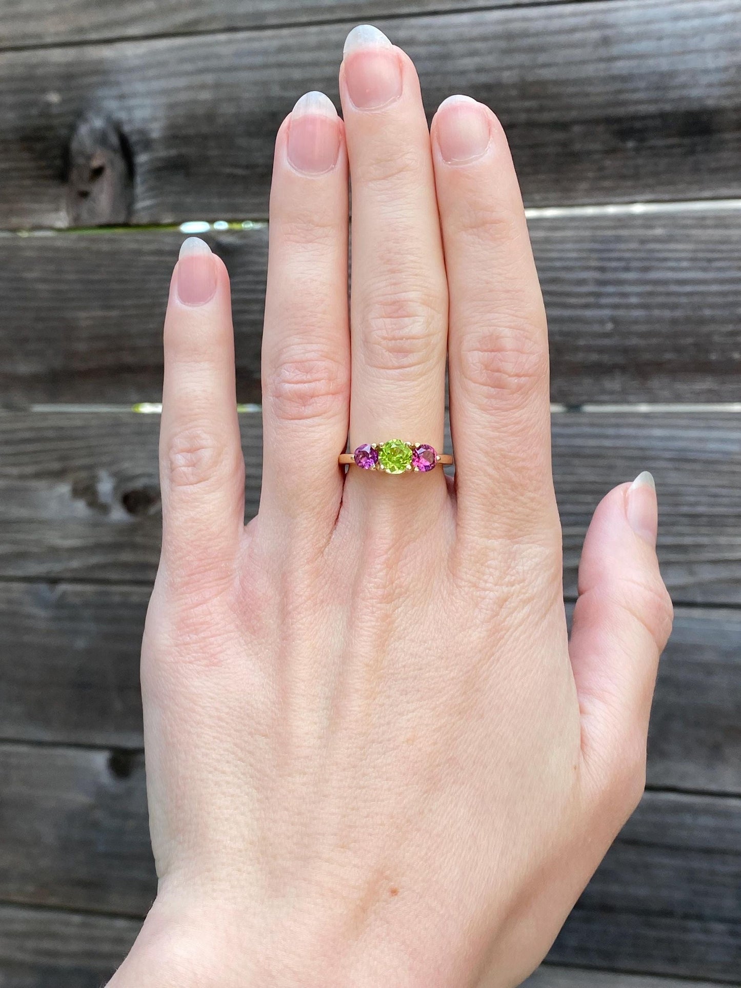 Solid 14k Yellow Gold Peridot Pink Tourmaline Ring - Size 6.25