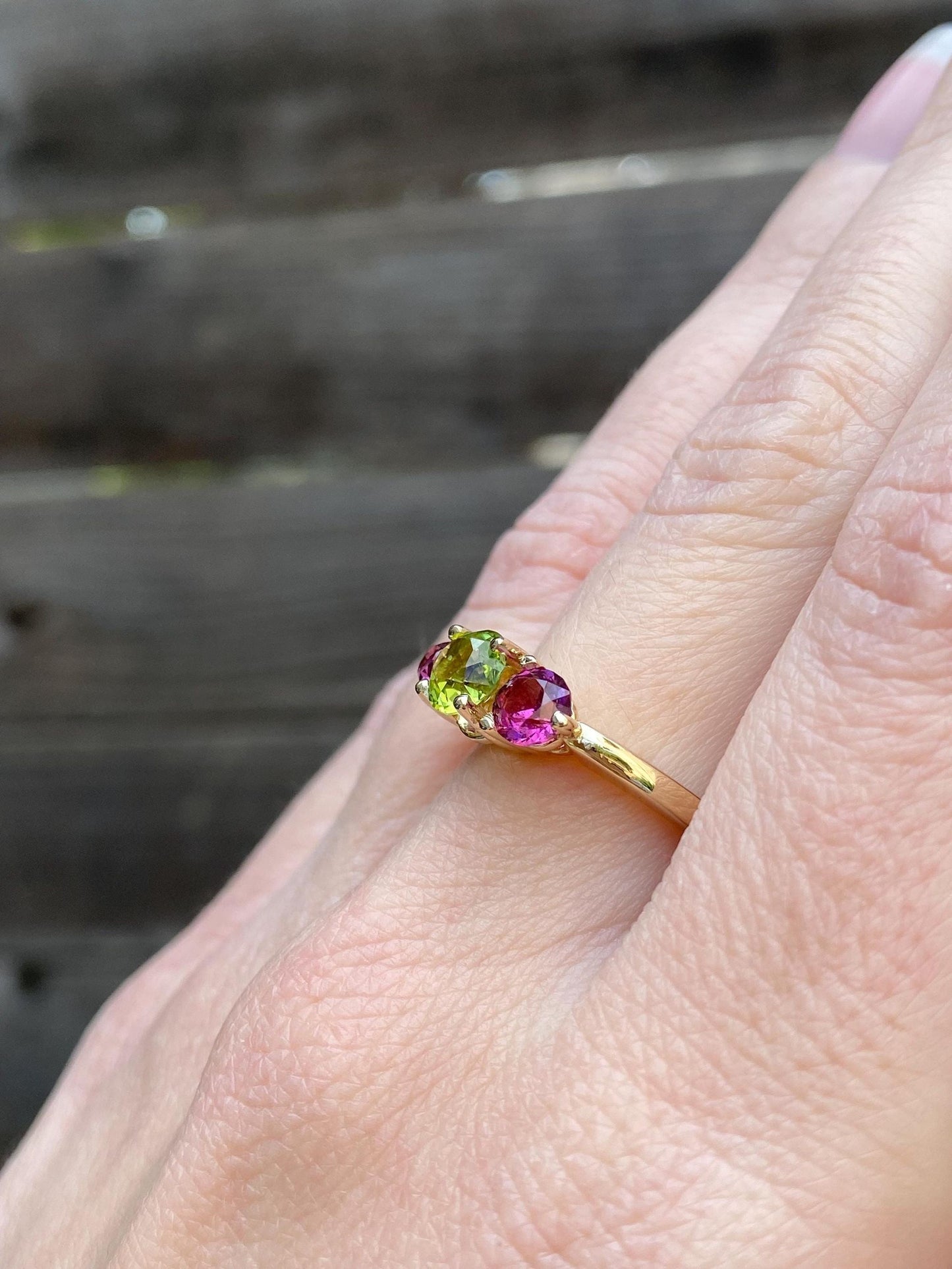 Solid 14k Yellow Gold Peridot Pink Tourmaline Ring - Size 6.25