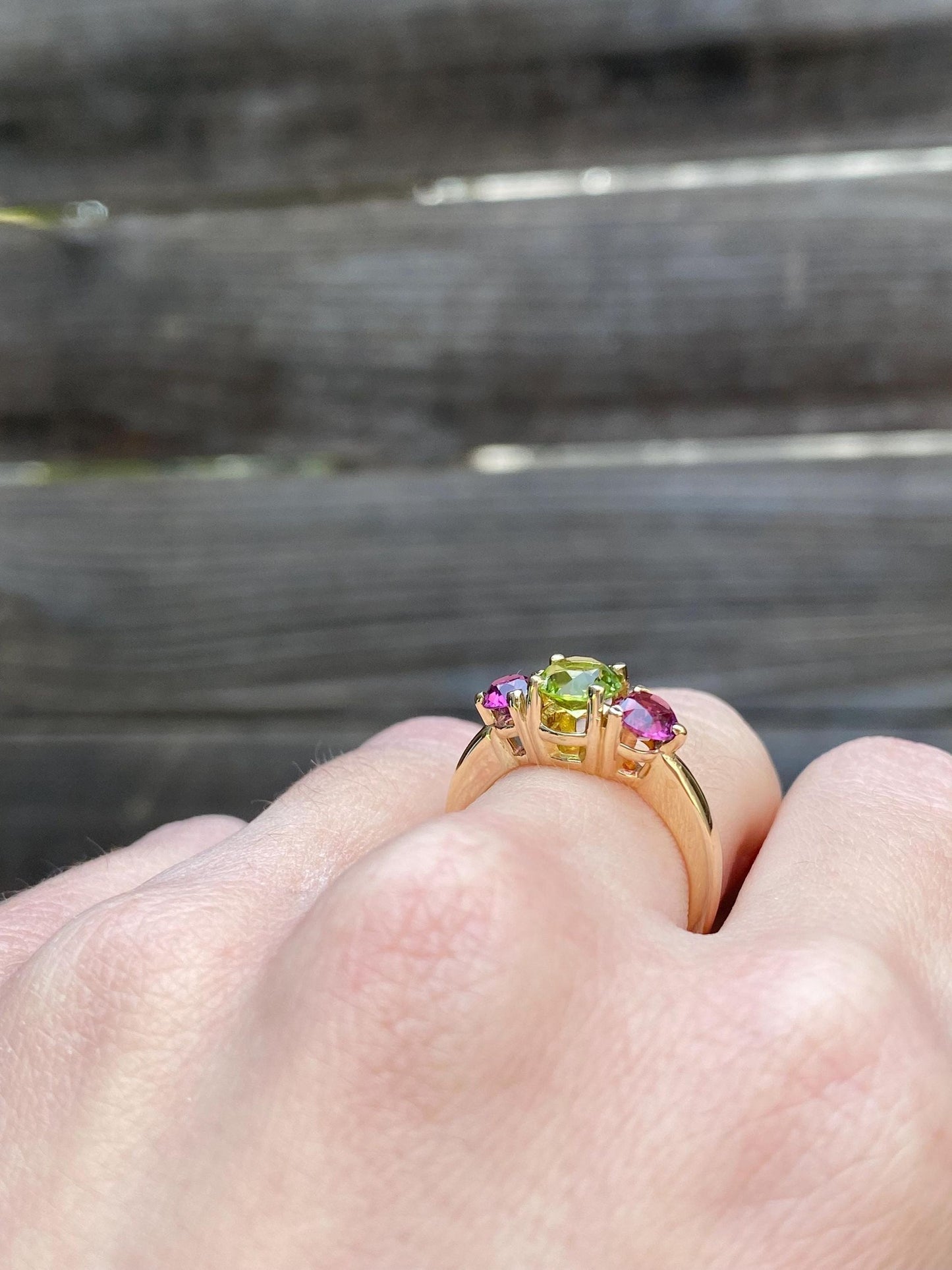 Solid 14k Yellow Gold Peridot Pink Tourmaline Ring - Size 6.25