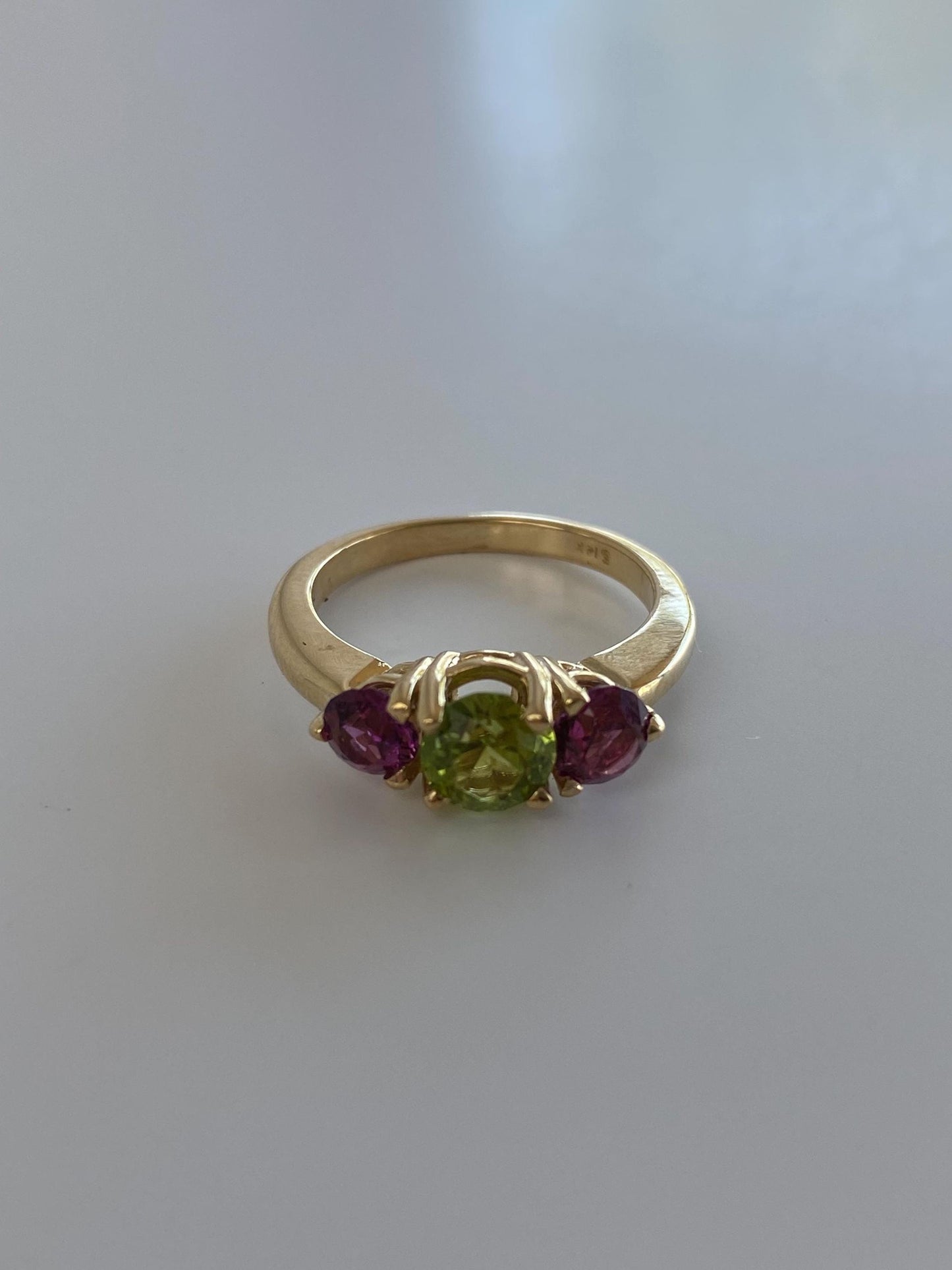 Solid 14k Yellow Gold Peridot Pink Tourmaline Ring - Size 6.25