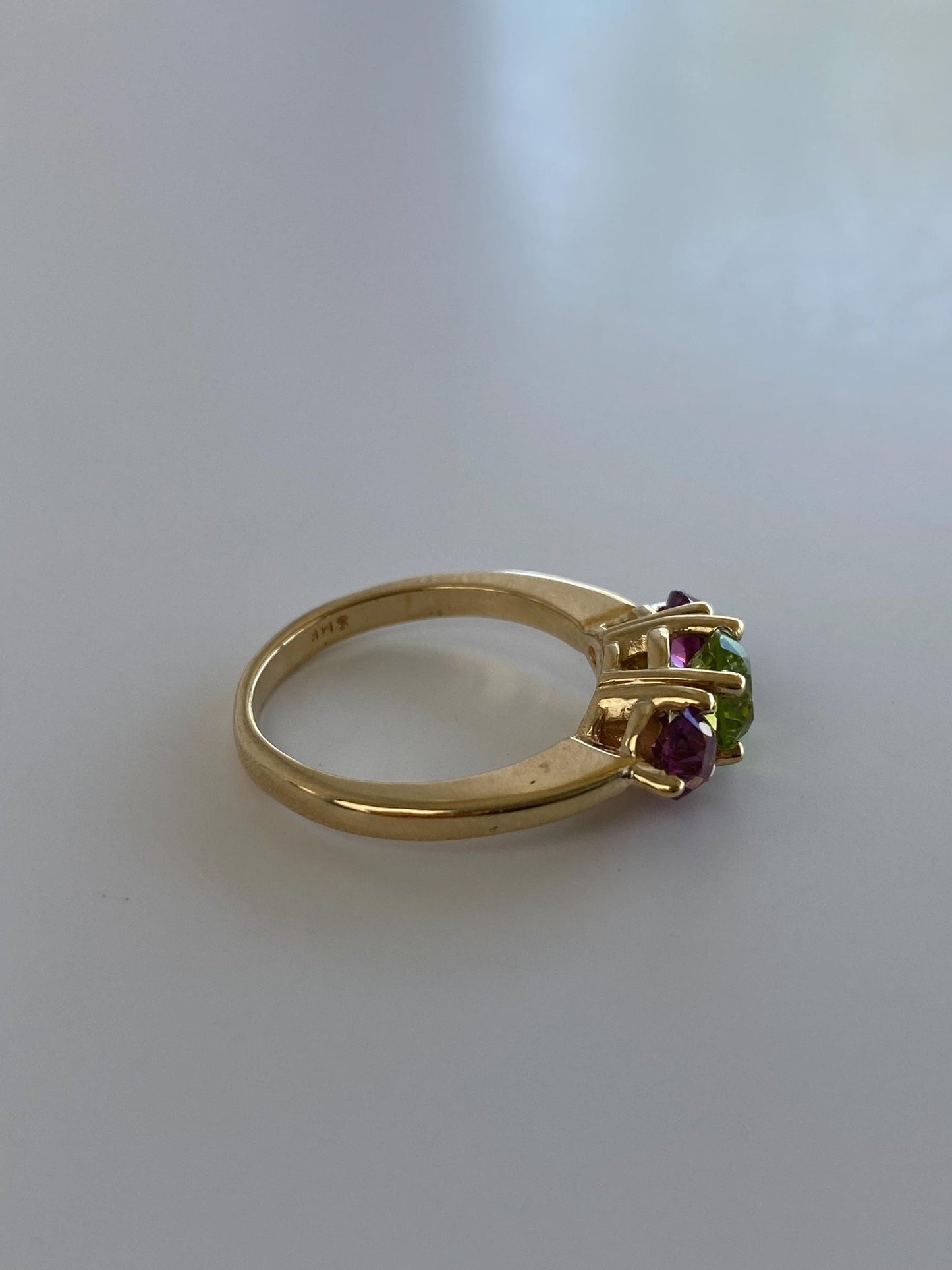 Solid 14k Yellow Gold Peridot Pink Tourmaline Ring - Size 6.25
