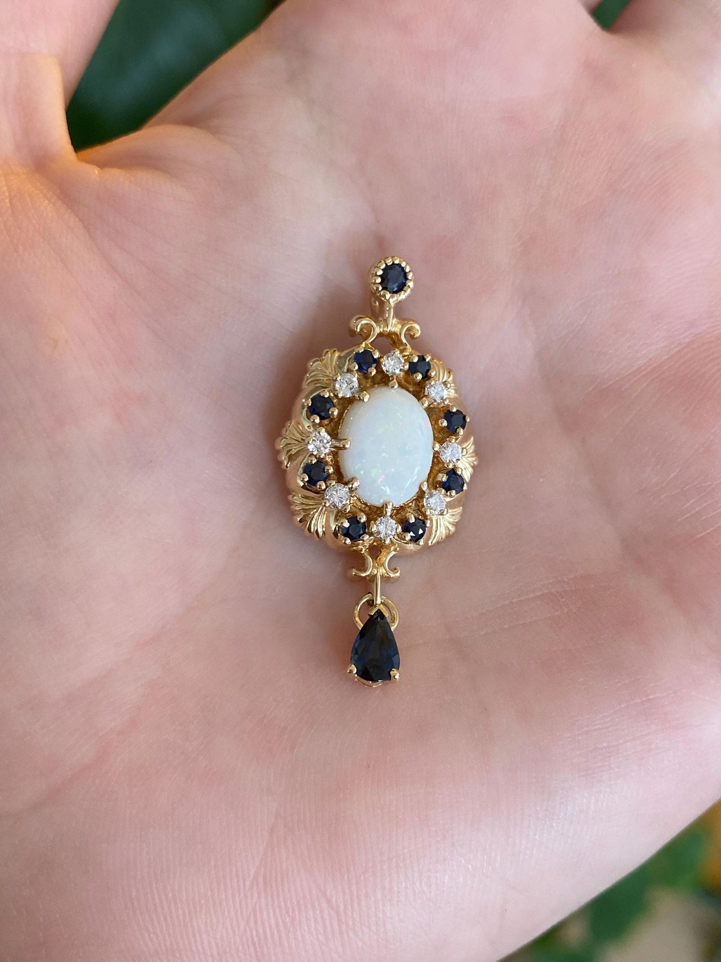 Solid 14k Yellow Gold Diamond Blue Sapphire Opal Charm