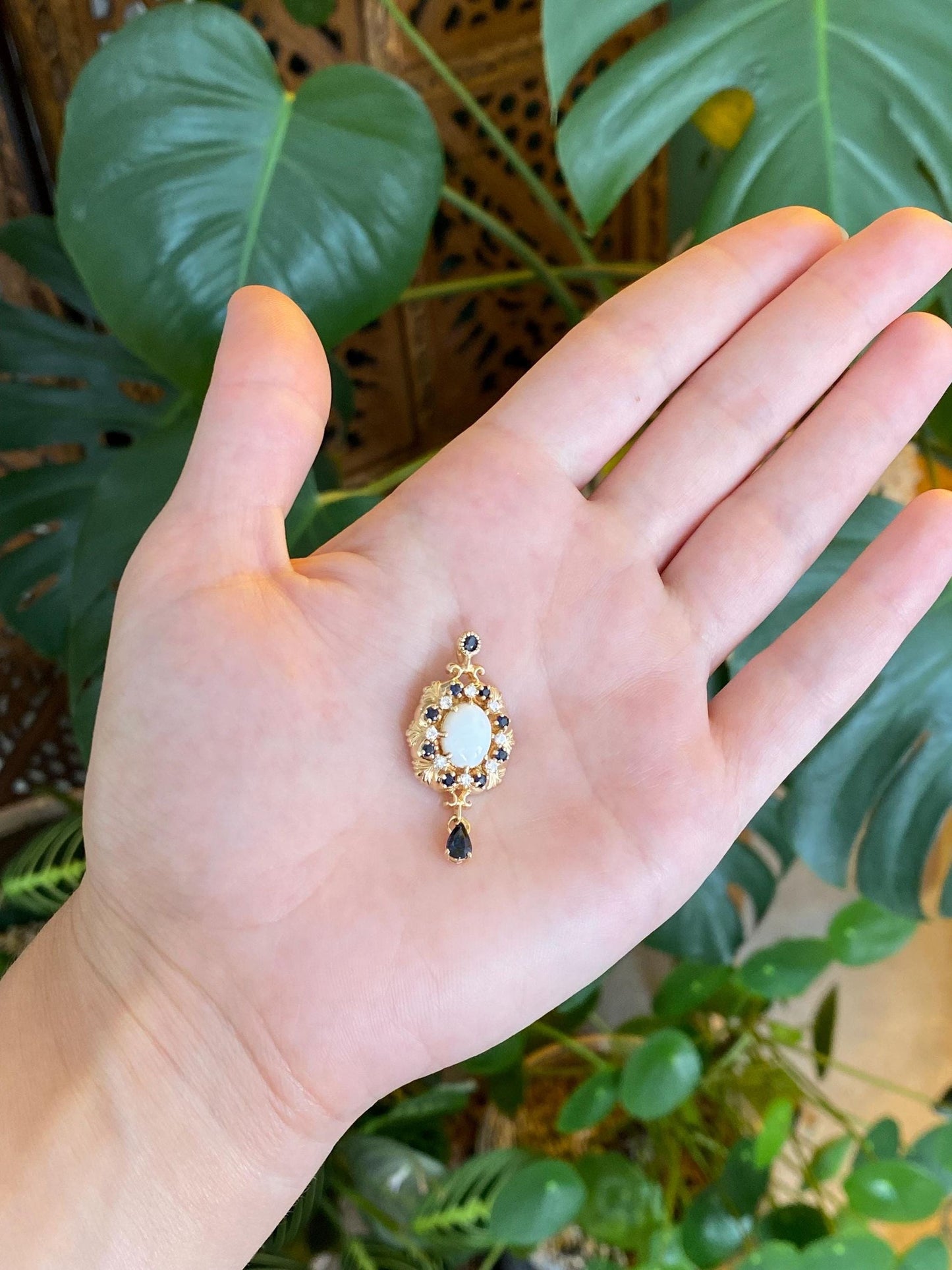 Solid 14k Yellow Gold Diamond Blue Sapphire Opal Charm