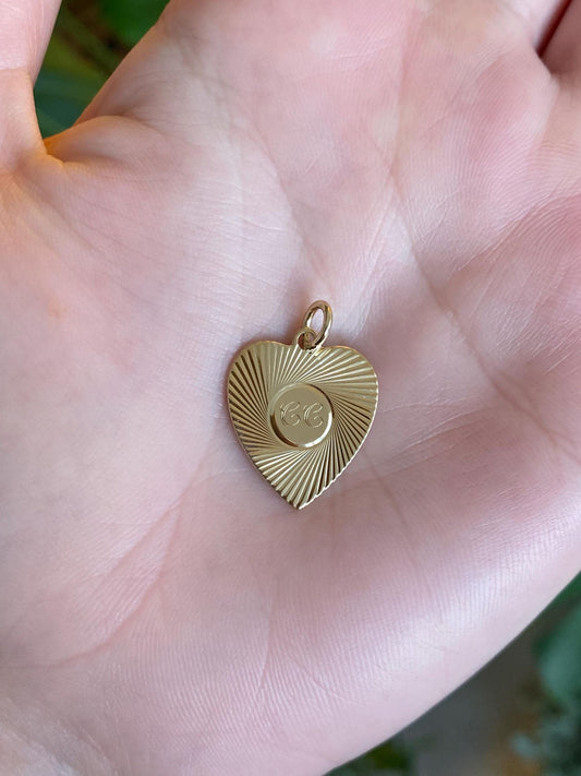 Vintage Solid 14k Yellow Gold Engine Turned CC Heart Charm