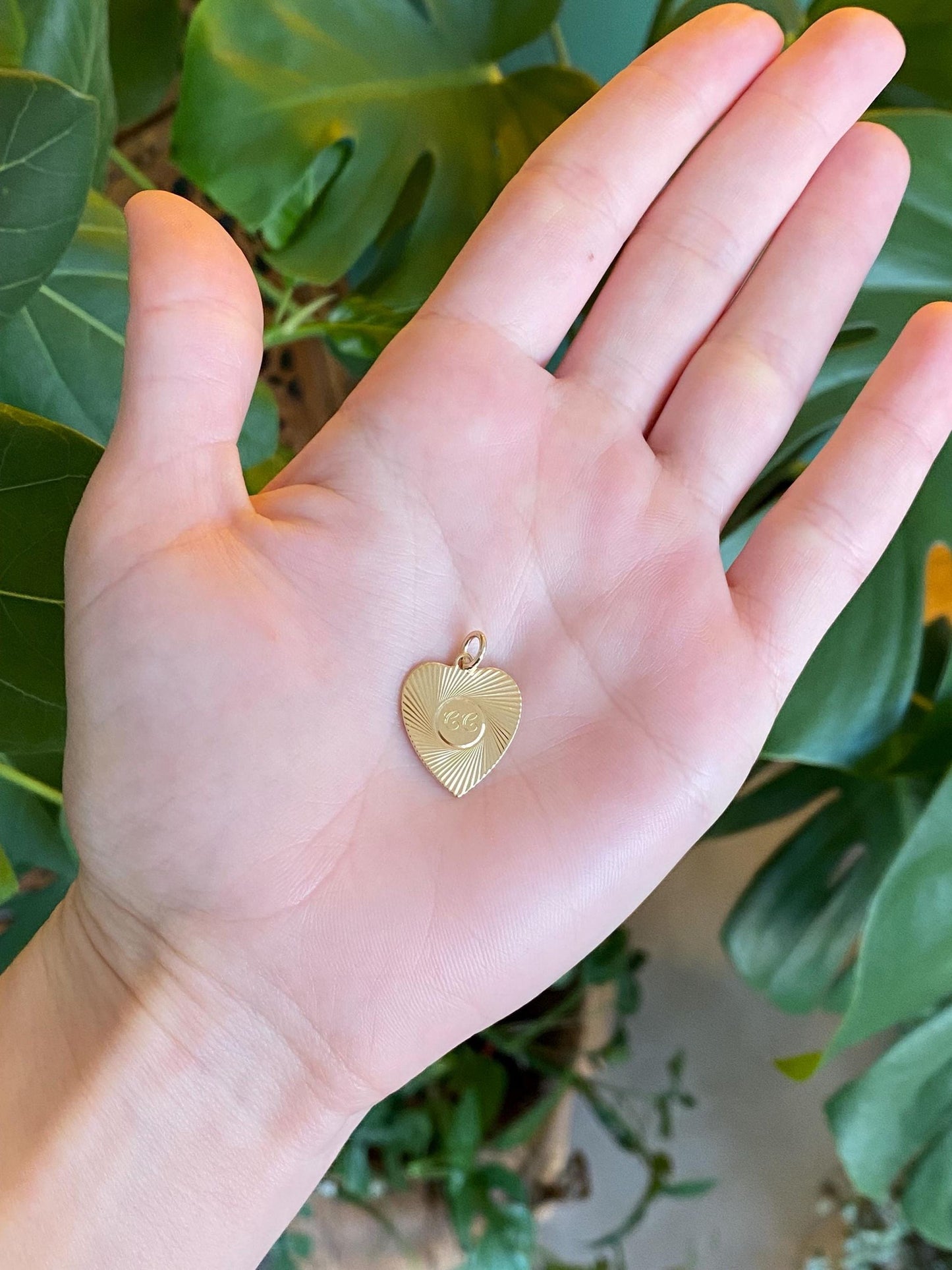 Vintage Solid 14k Yellow Gold Engine Turned CC Heart Charm