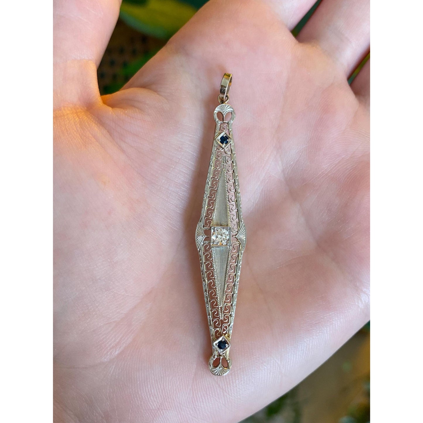 Vintage Solid 10k White & Yellow Gold Diamond Blue Cubic Zirconia Bar Charm