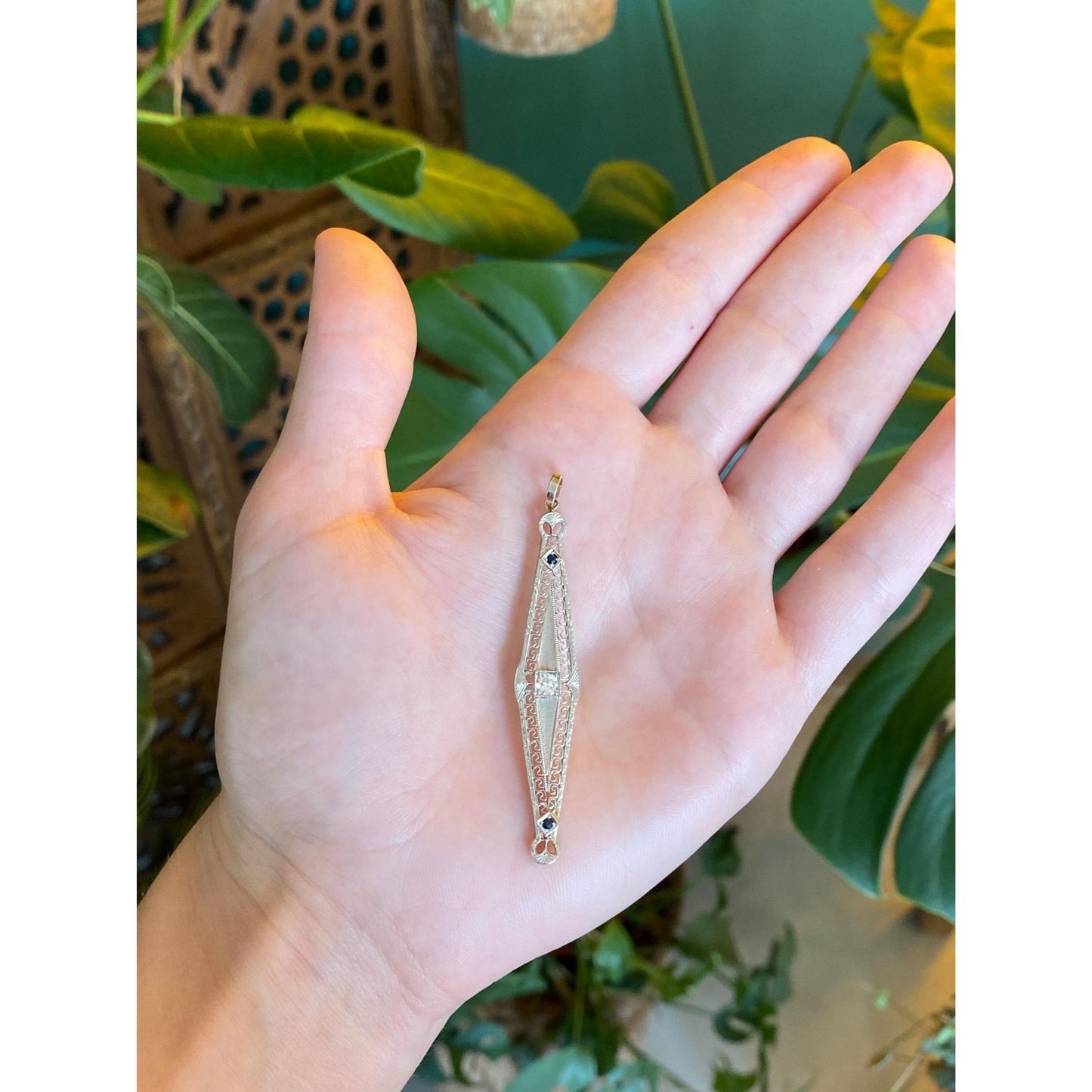 Vintage Solid 10k White & Yellow Gold Diamond Blue Cubic Zirconia Bar Charm