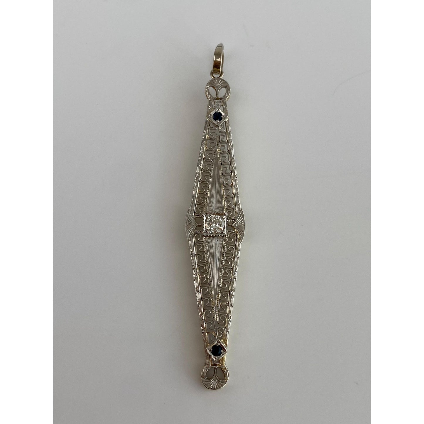 Vintage Solid 10k White & Yellow Gold Diamond Blue Cubic Zirconia Bar Charm