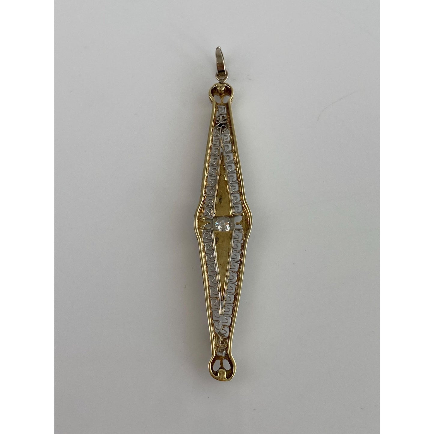 Vintage Solid 10k White & Yellow Gold Diamond Blue Cubic Zirconia Bar Charm