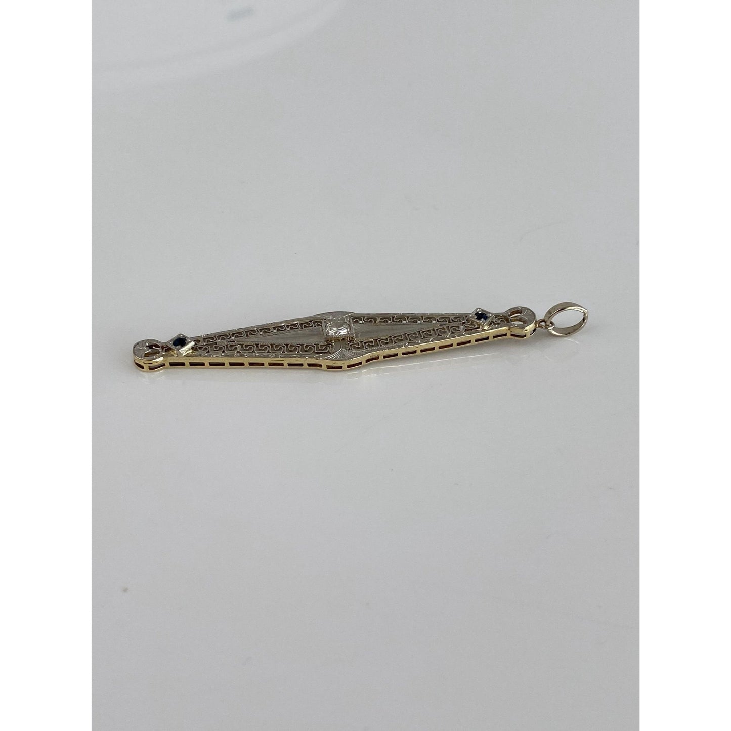 Vintage Solid 10k White & Yellow Gold Diamond Blue Cubic Zirconia Bar Charm