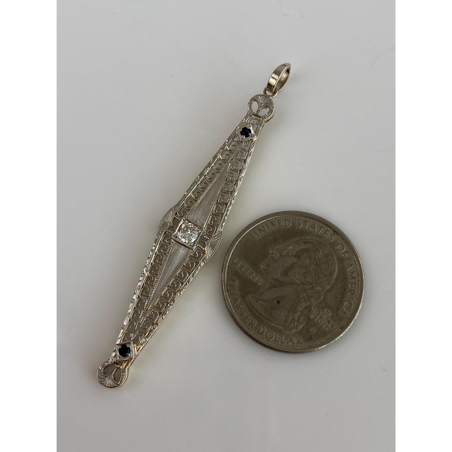 Vintage Solid 10k White & Yellow Gold Diamond Blue Cubic Zirconia Bar Charm