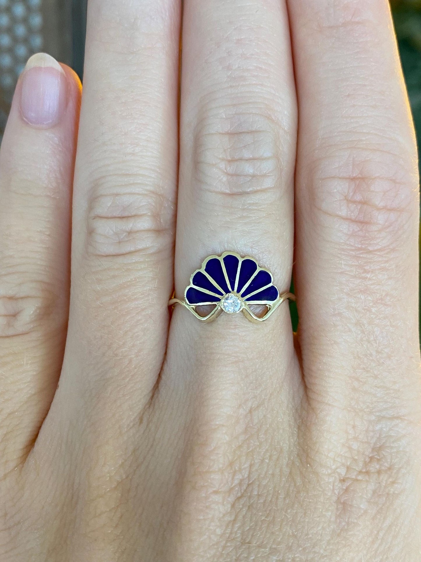 Vintage Solid 14k Yellow Gold Blue Enamel Diamond Fan Ring - Size 6.25