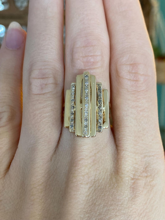 Vintage Solid 14k Yellow Gold Diamond Slatted Stepped Art Deco Style Ring - Size 6.5