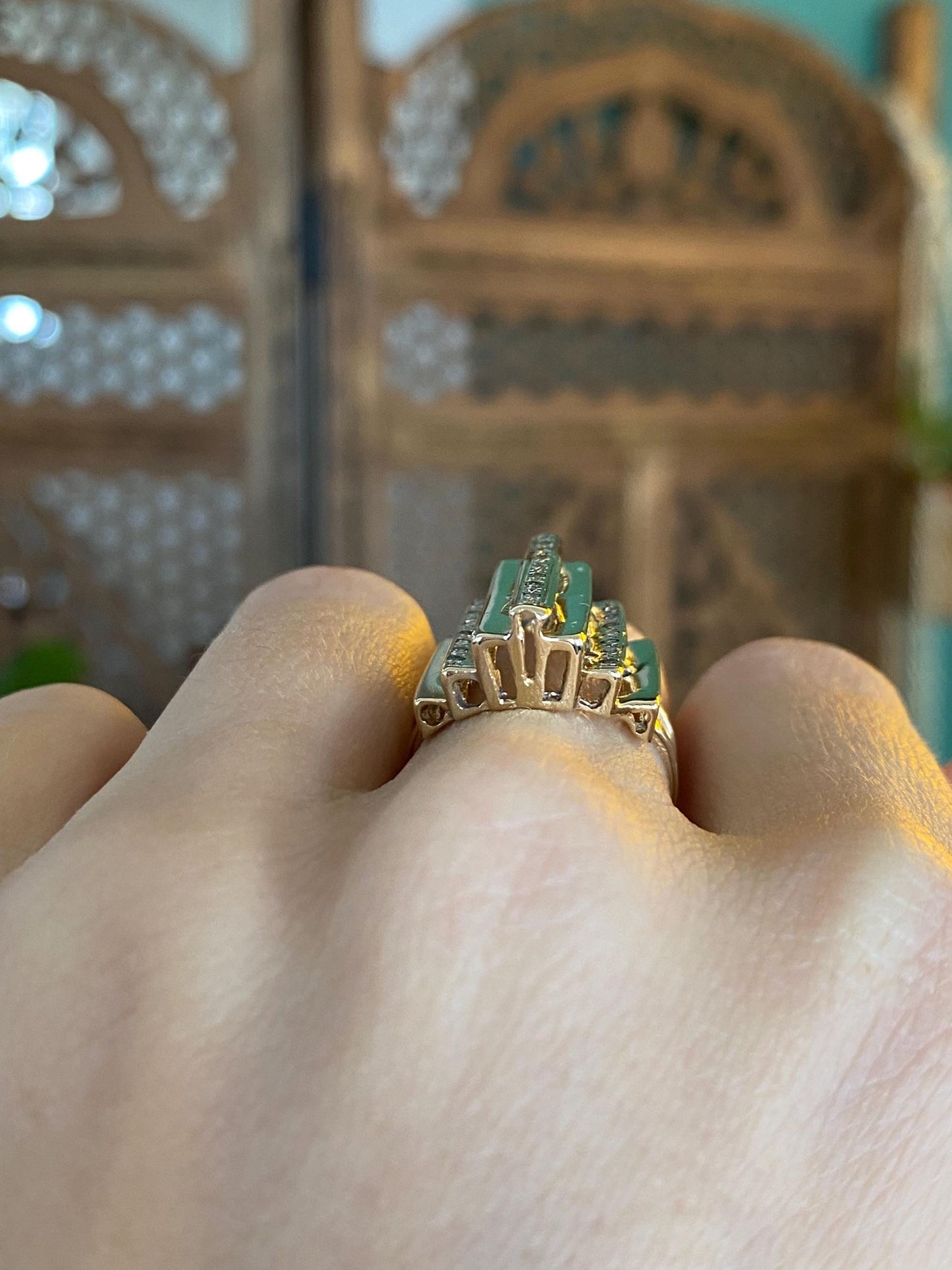 Vintage Solid 14k Yellow Gold Diamond Slatted Stepped Art Deco Style Ring - Size 6.5