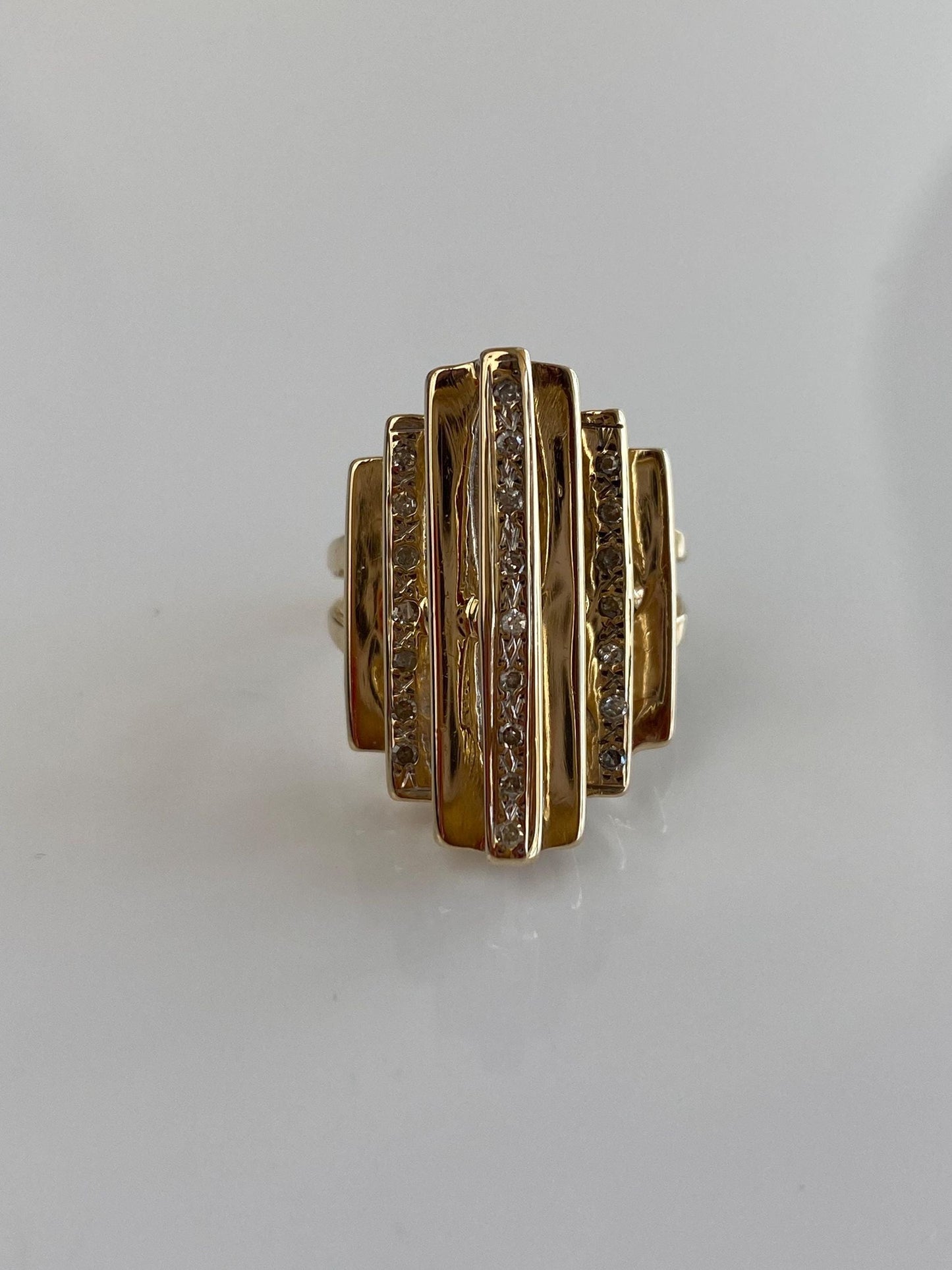 Vintage Solid 14k Yellow Gold Diamond Slatted Stepped Art Deco Style Ring - Size 6.5