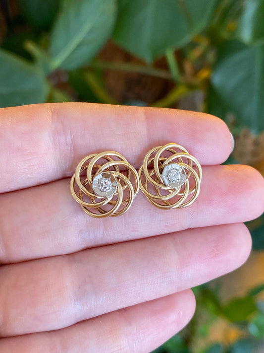 Vintage Solid 10k White & Yellow Gold Diamond Knot Stud Earrings