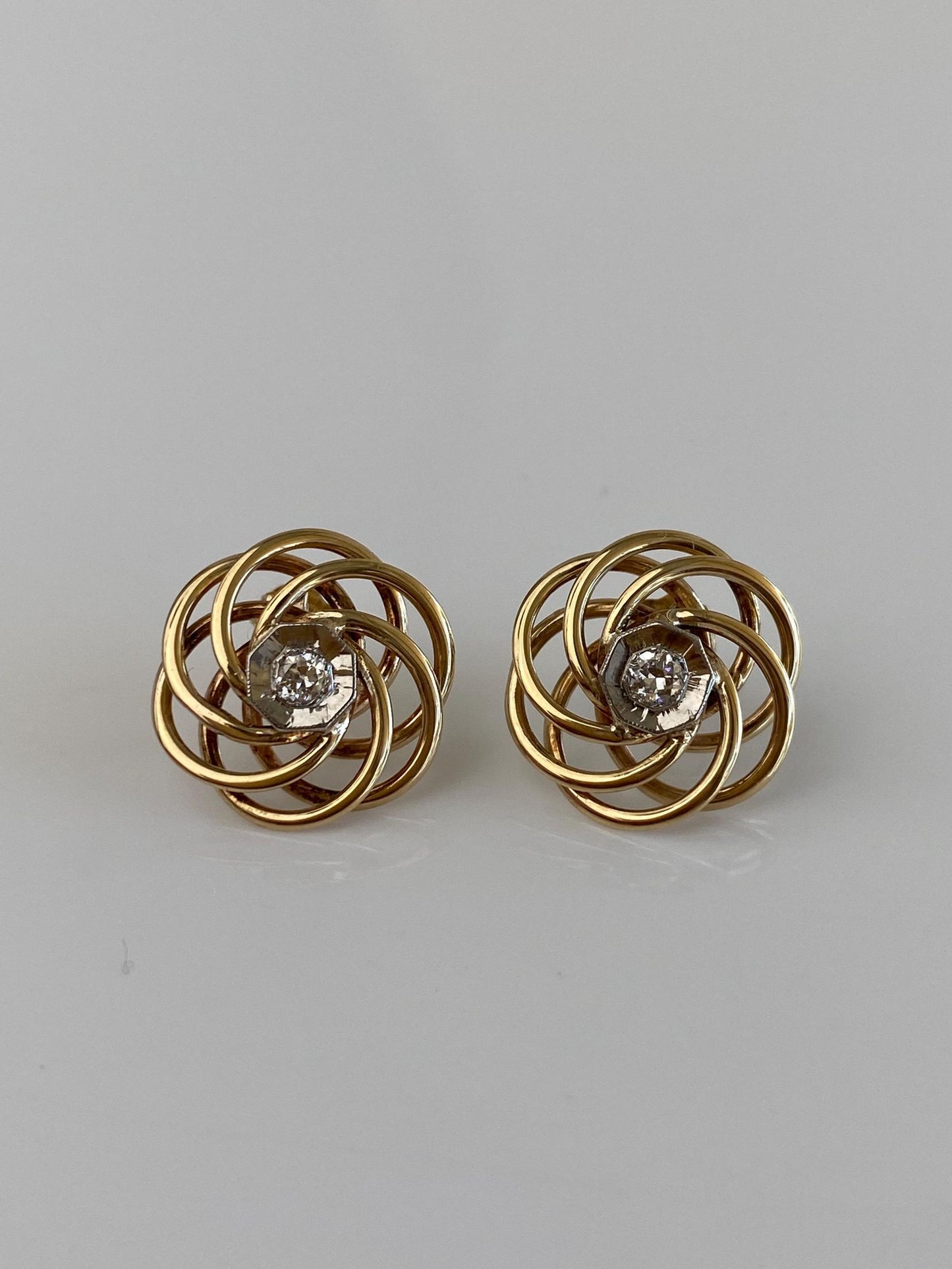 Vintage Solid 10k White & Yellow Gold Diamond Knot Stud Earrings