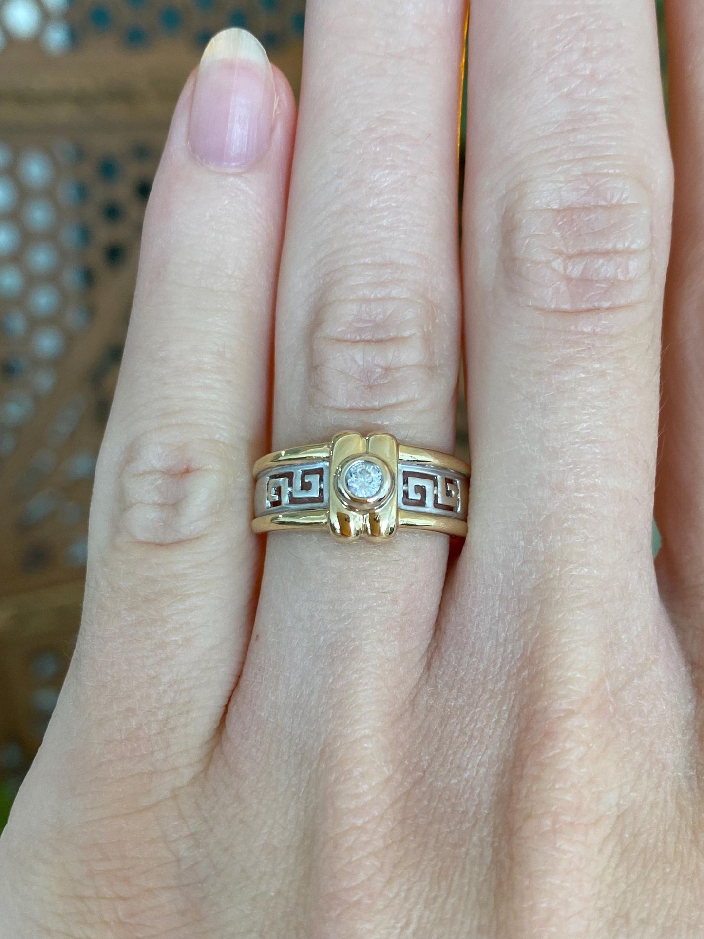 Vintage Solid 14k White & Yellow Gold Diamond Greek Key Ring Band - Size 5.5