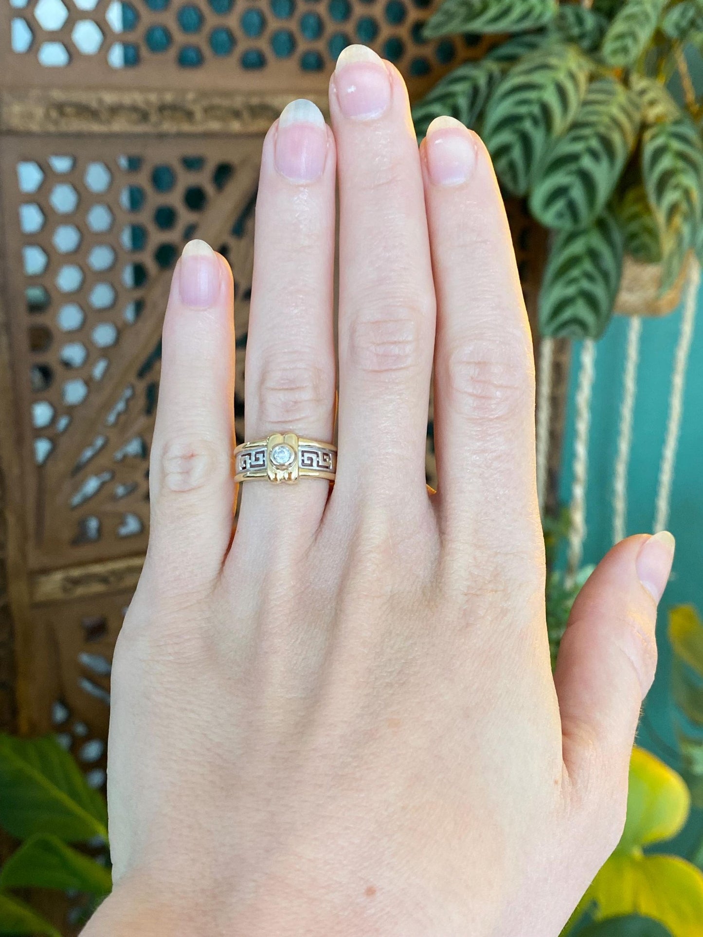 Vintage Solid 14k White & Yellow Gold Diamond Greek Key Ring Band - Size 5.5