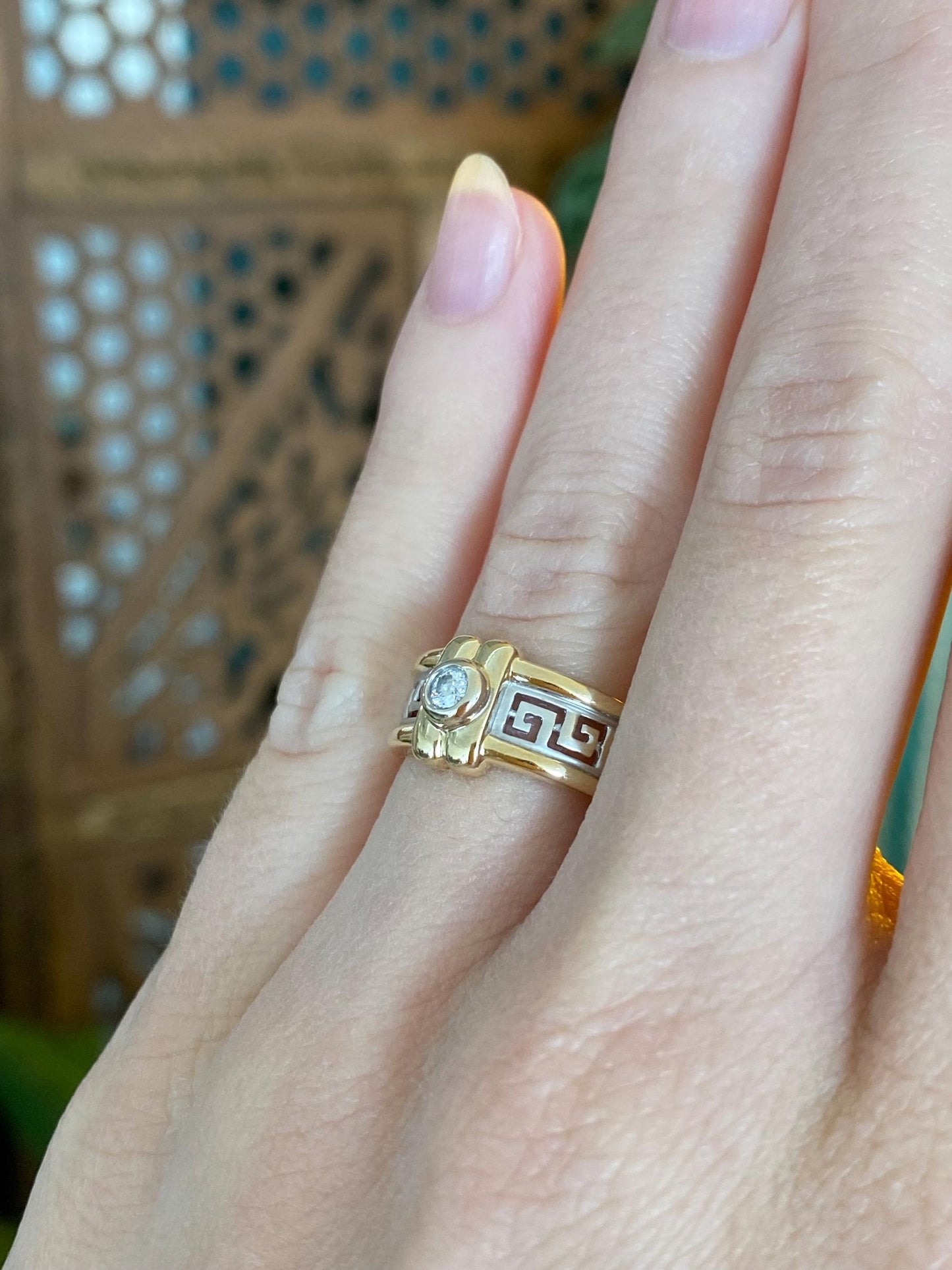 Vintage Solid 14k White & Yellow Gold Diamond Greek Key Ring Band - Size 5.5