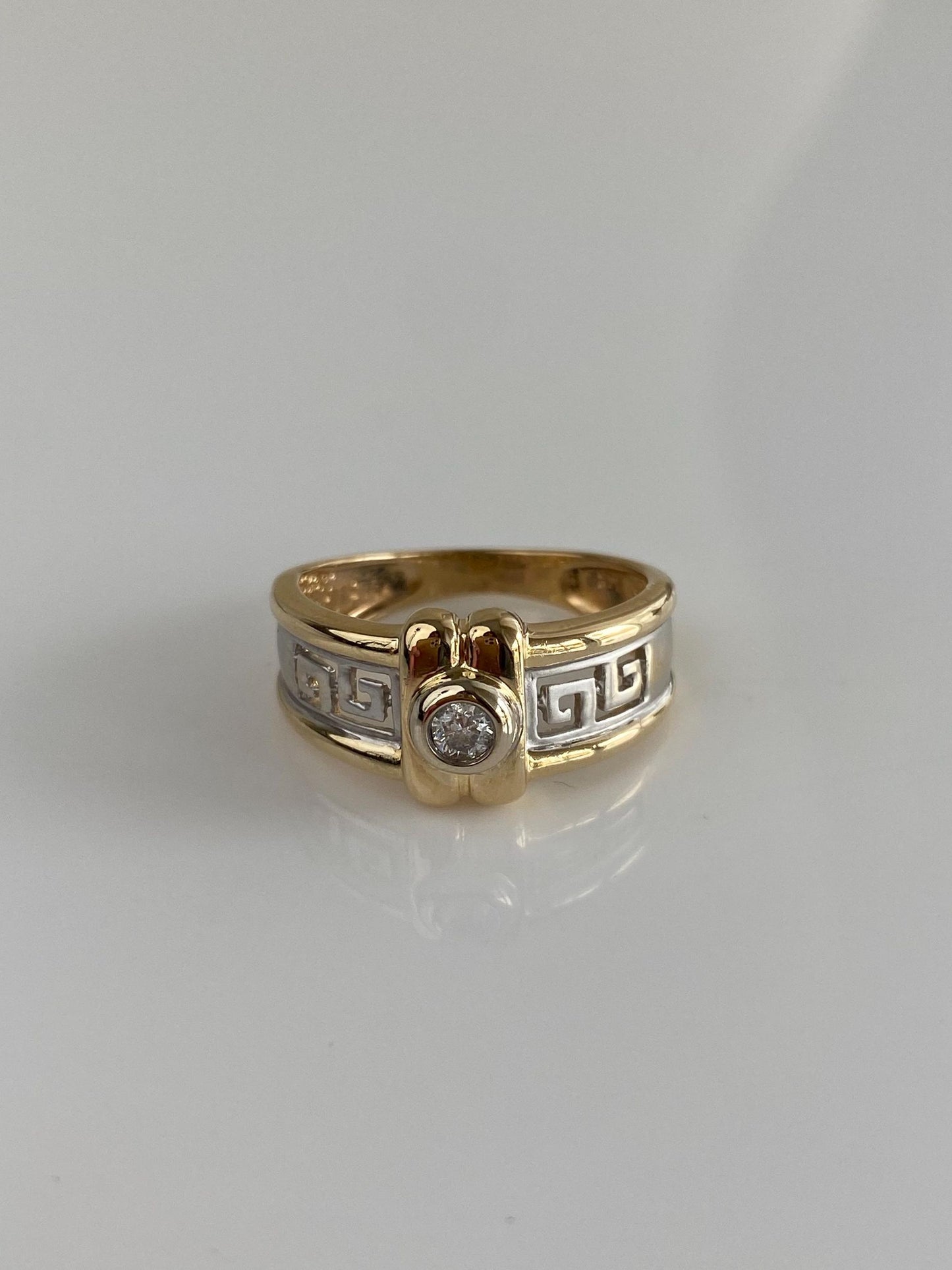Vintage Solid 14k White & Yellow Gold Diamond Greek Key Ring Band - Size 5.5