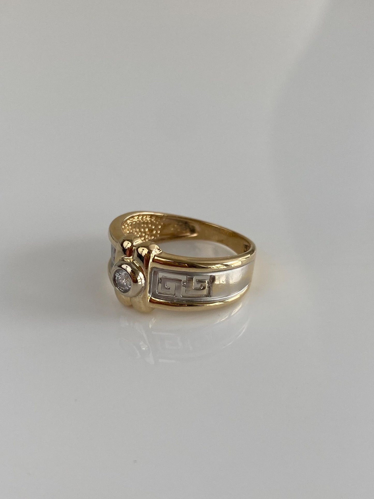 Vintage Solid 14k White & Yellow Gold Diamond Greek Key Ring Band - Size 5.5