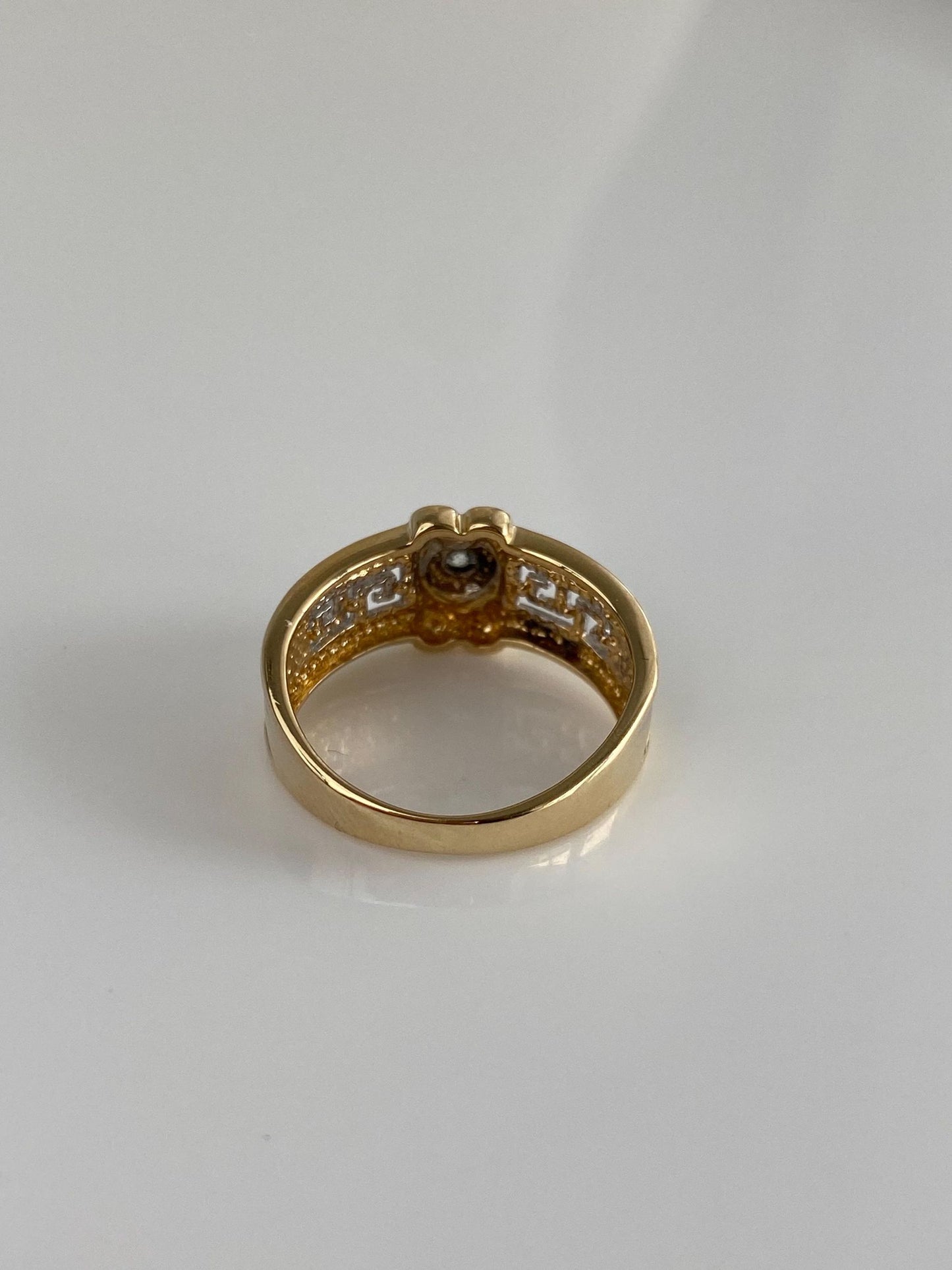Vintage Solid 14k White & Yellow Gold Diamond Greek Key Ring Band - Size 5.5