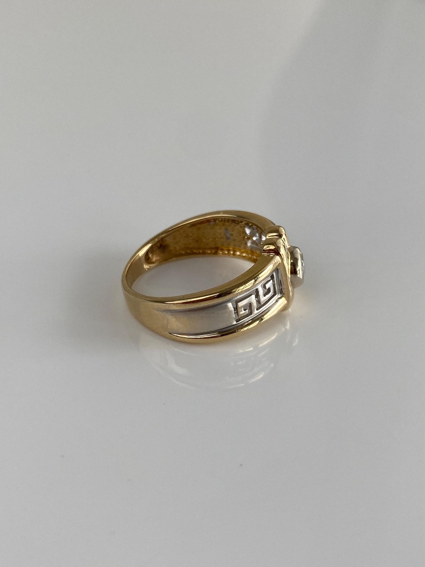 Vintage Solid 14k White & Yellow Gold Diamond Greek Key Ring Band - Size 5.5