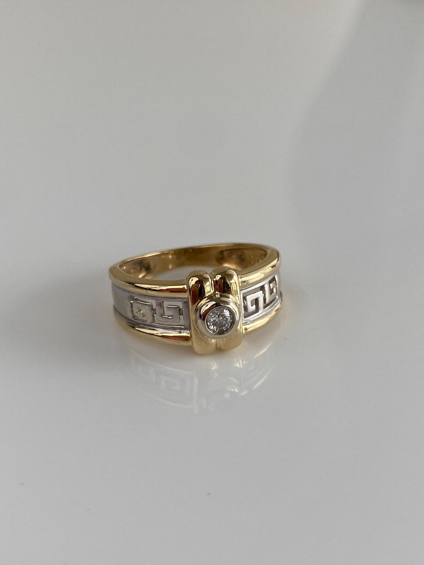 Vintage Solid 14k White & Yellow Gold Diamond Greek Key Ring Band - Size 5.5