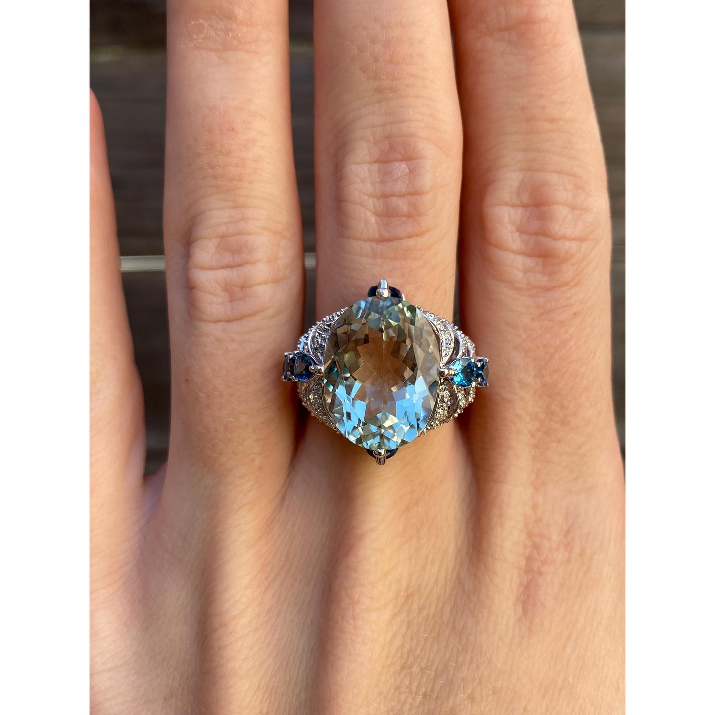 Vintage Solid 14k White Gold Diamond Green & Blue Quartz Ring - Size 7.75