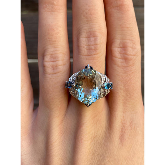 Vintage Solid 14k White Gold Diamond Green & Blue Quartz Ring - Size 7.75